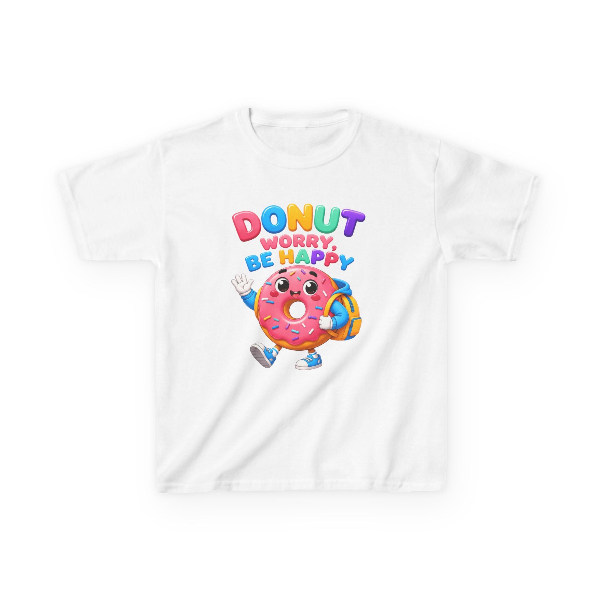 Kids Tee — "Donut Worry, Be Happy" Colorful Cartoon Donut Shirt