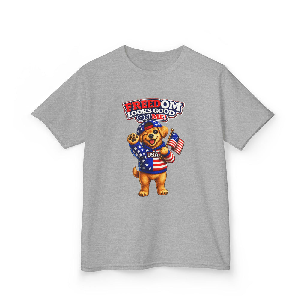 Kids Patriotic T-Shirt — 'Freedom Looks Good on Me' USA Dog Graphic Tee
