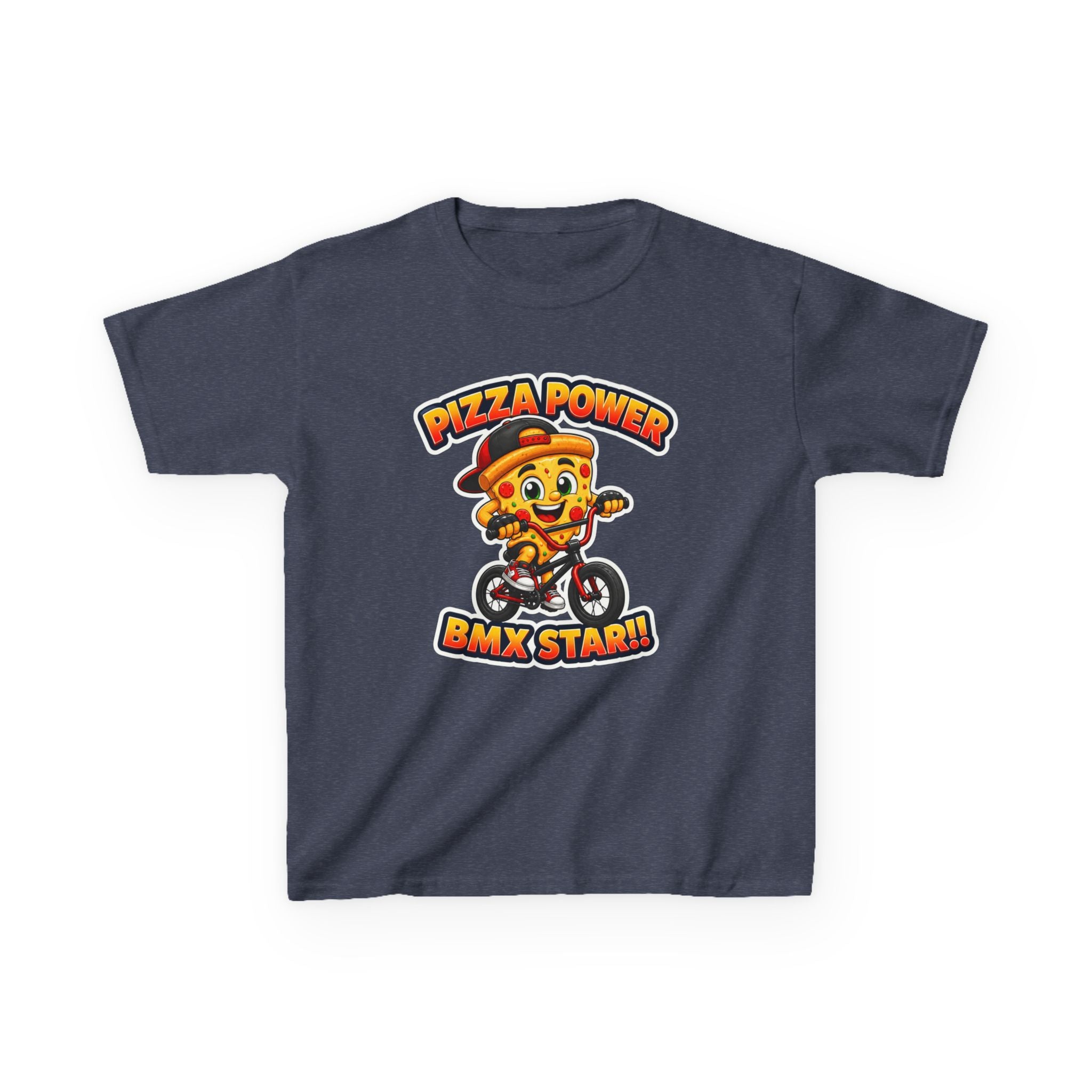 Kids BMX T-Shirt — 'Pizza Power' Cute Pizza Character Riding Bike Graphic Tee