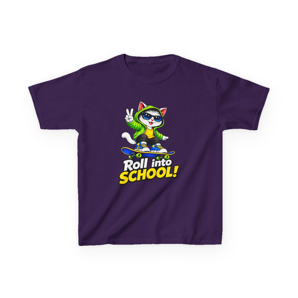 Kids T‑Shirt — 'Roll into School!' Skateboard Cat Back-to-School Tee
