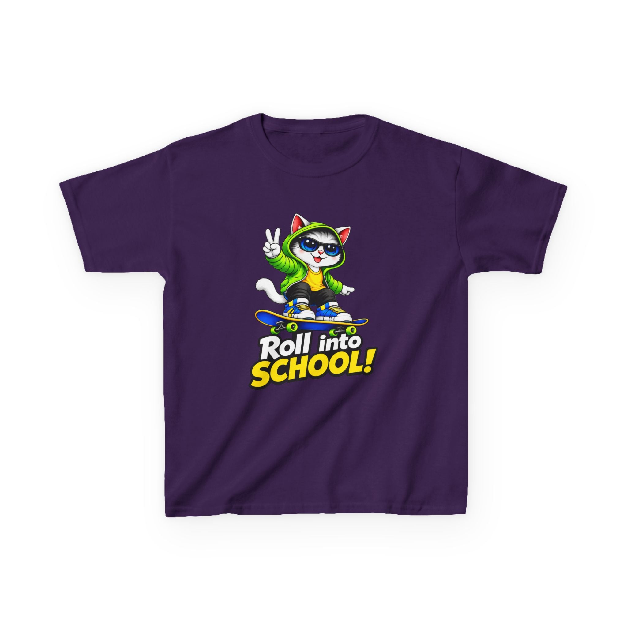 Kids T‑Shirt — 'Roll into School!' Skateboard Cat Back-to-School Tee