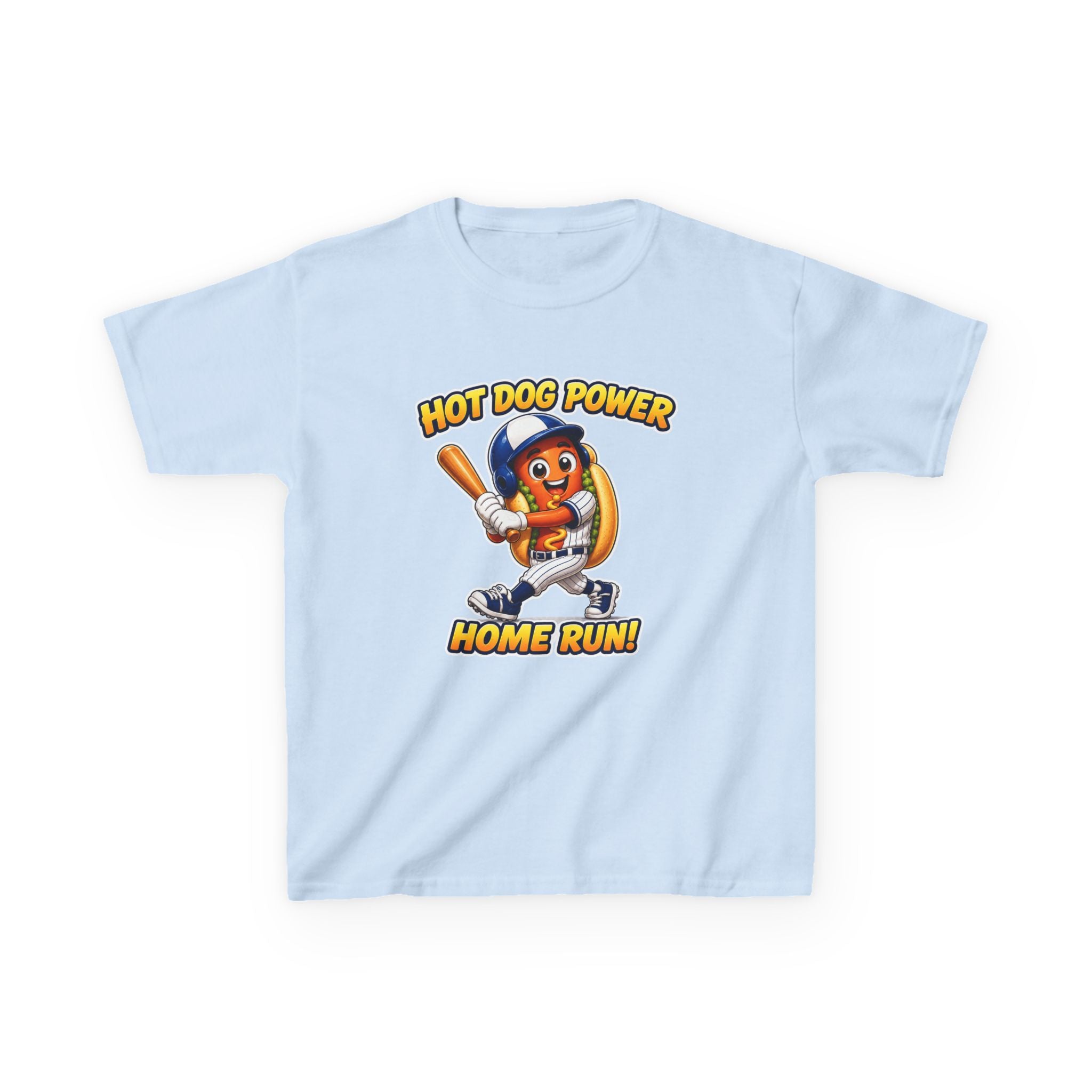 Kids Baseball T-Shirt — 'Hot Dog Power' Home Run Graphic Tee