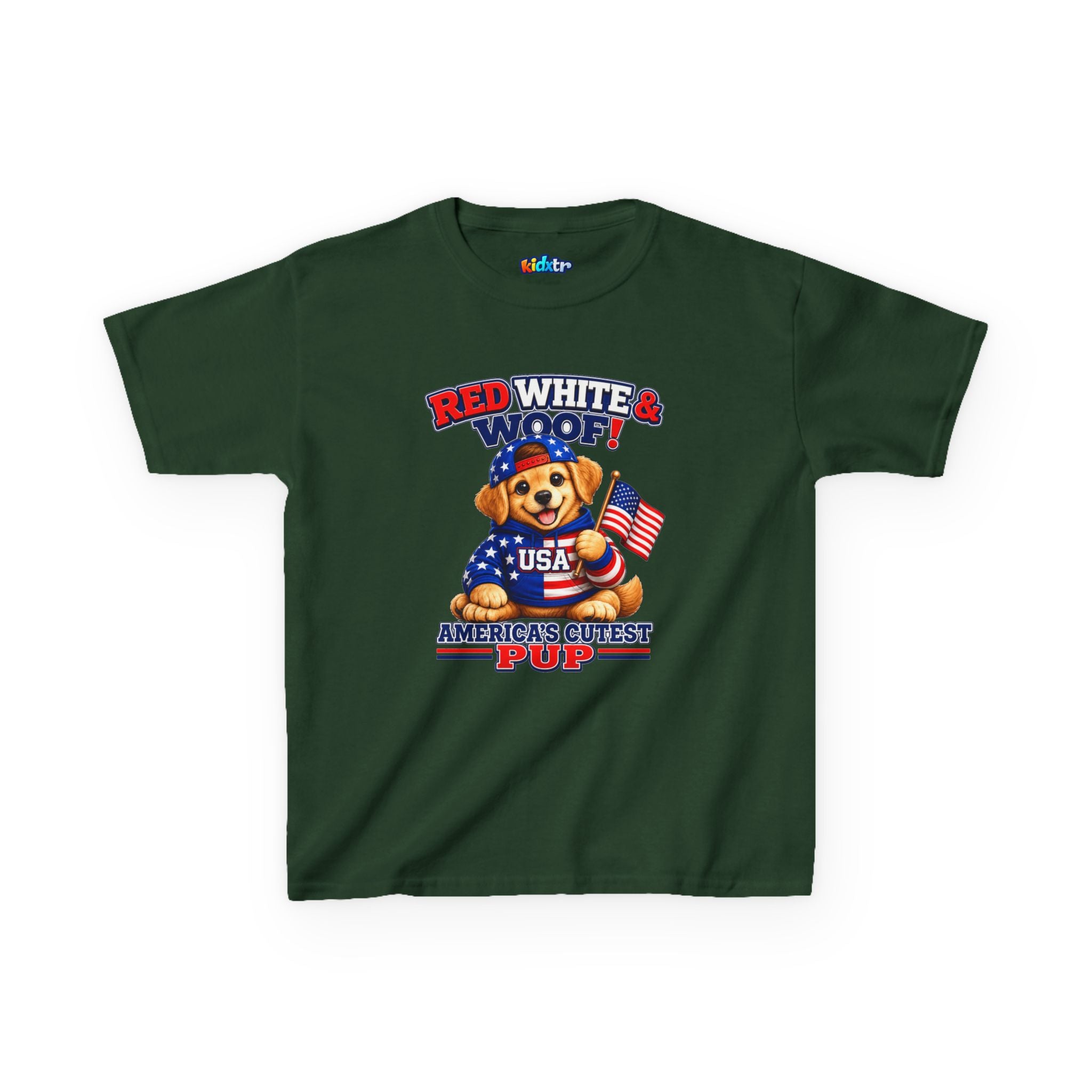 Kidxtr™ Kids Patriotic T-Shirt — 'Red White & Woof!' USA Dog Graphic Tee