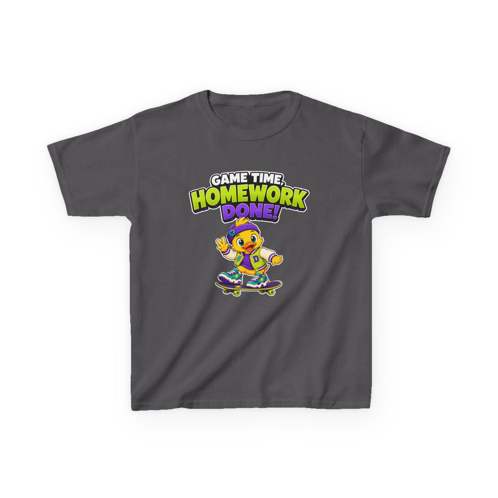 Kids Back-to-School T-Shirt — 'Game Time, Homework Done!' Skateboard Duck Graphic Tee