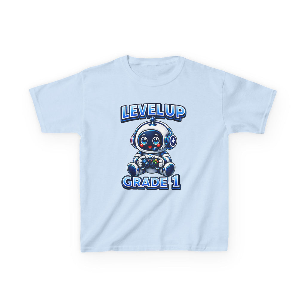 Kids Grade 1 T-Shirt — 'Level Up' Cute Robot Back-to-School Graphic Tee