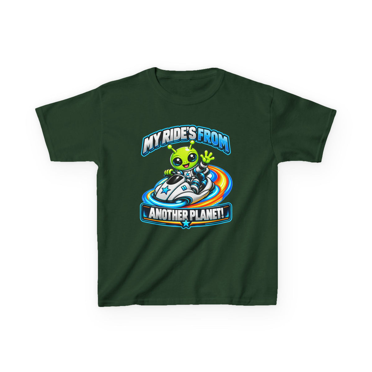 Kidxtr™ Kids Alien T-Shirt — 'My Ride's From Another Planet' Space Rider Graphic Tee
