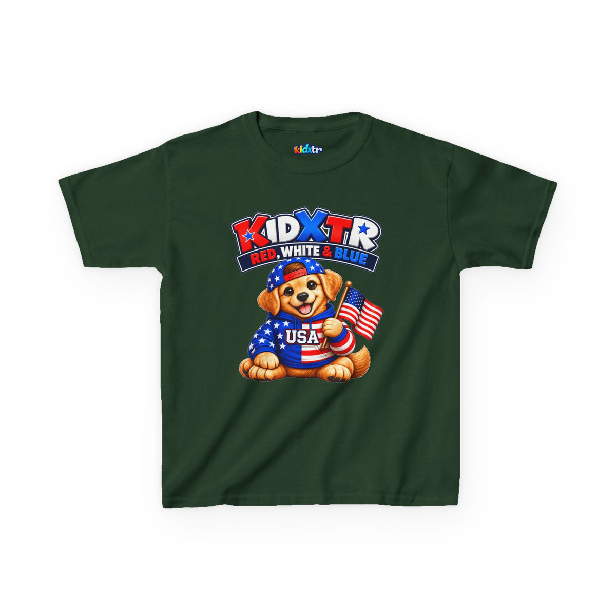 Kidxtr™ Kids Patriotic T-Shirt — 'Red, White & Blue' USA Dog Graphic Tee