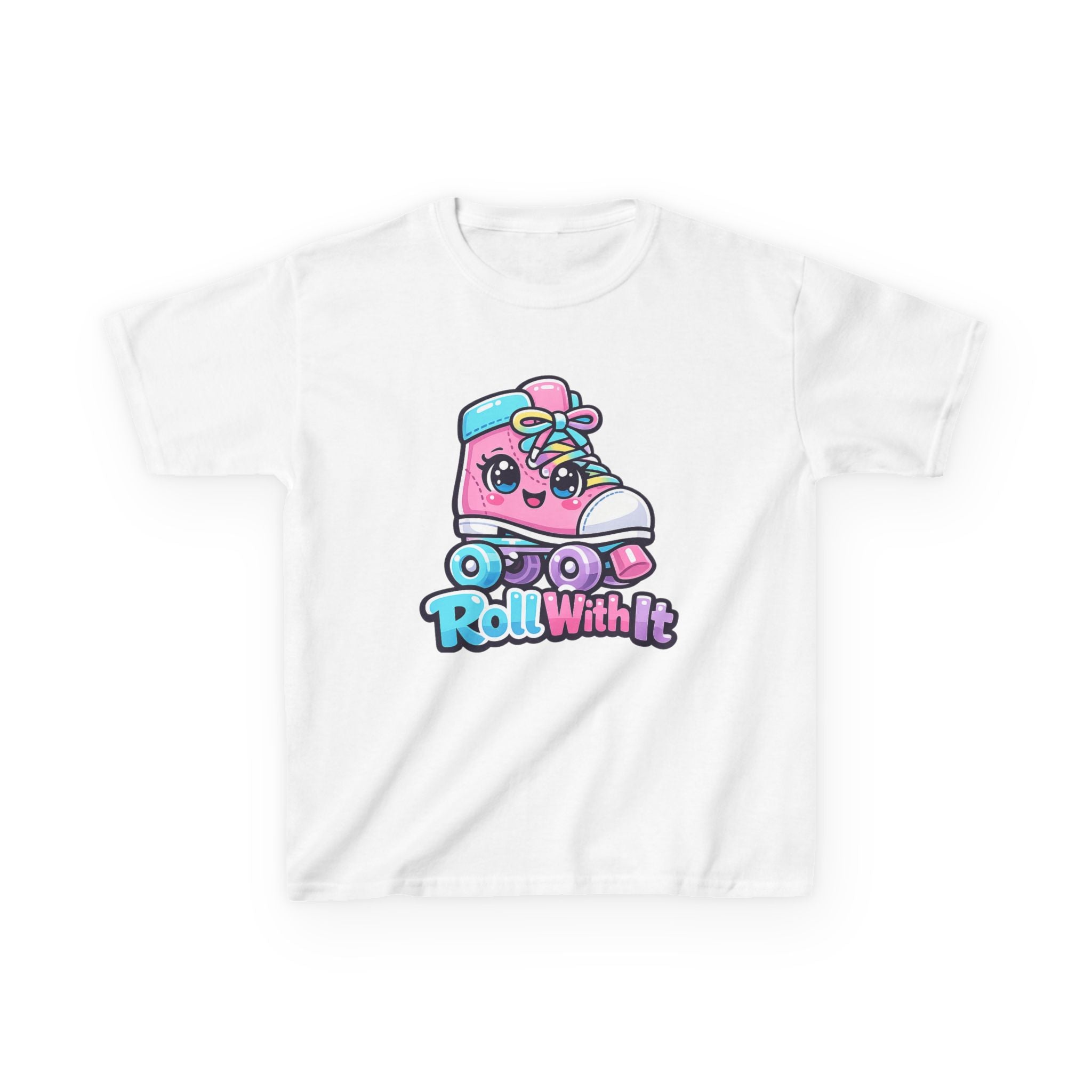 Kids Roller Skate T-Shirt — 'Roll With It' Cute Pink Roller Skate Graphic Tee