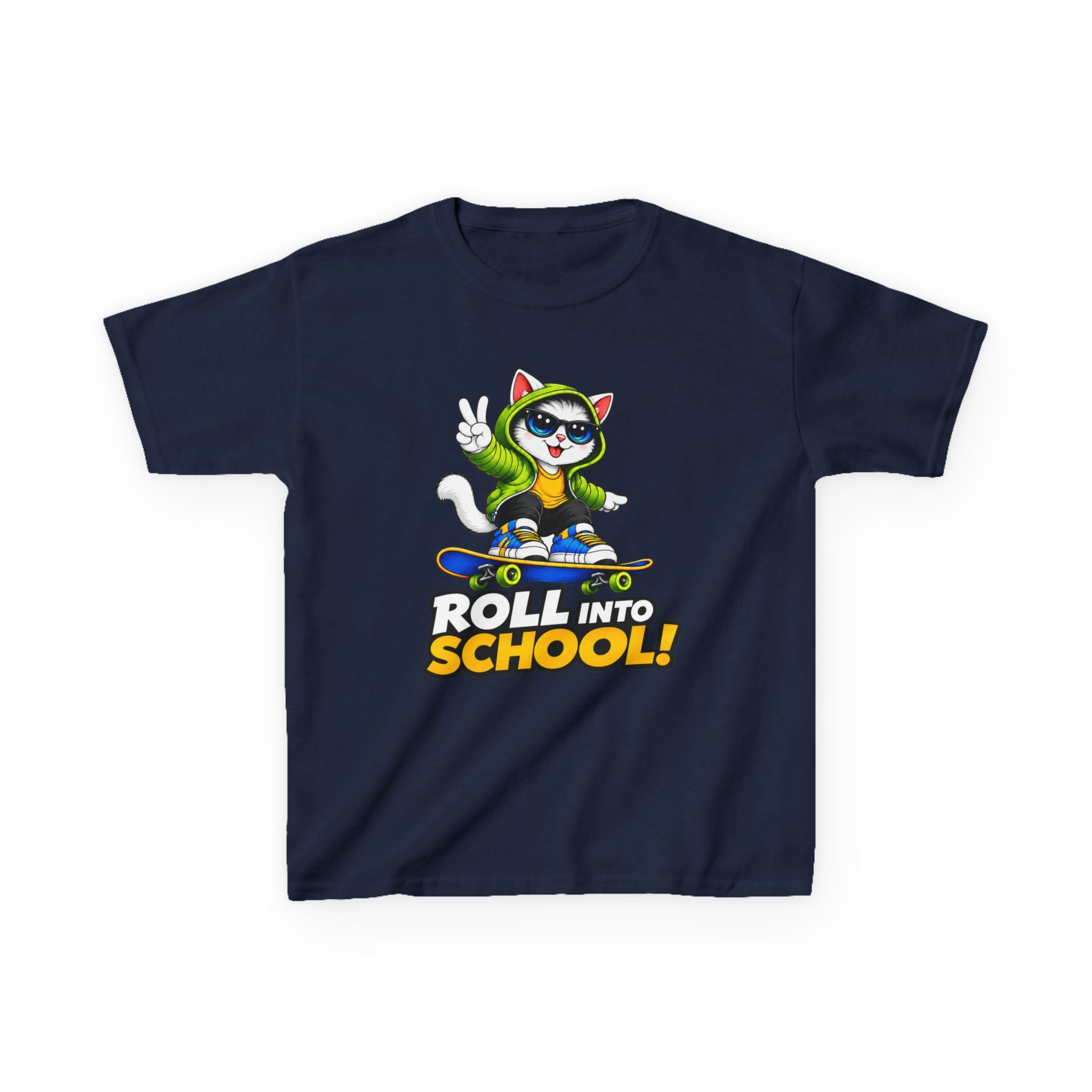 Kids Skateboarding Cat T-Shirt — 'Roll Into School' Back-to-School Graphic Tee