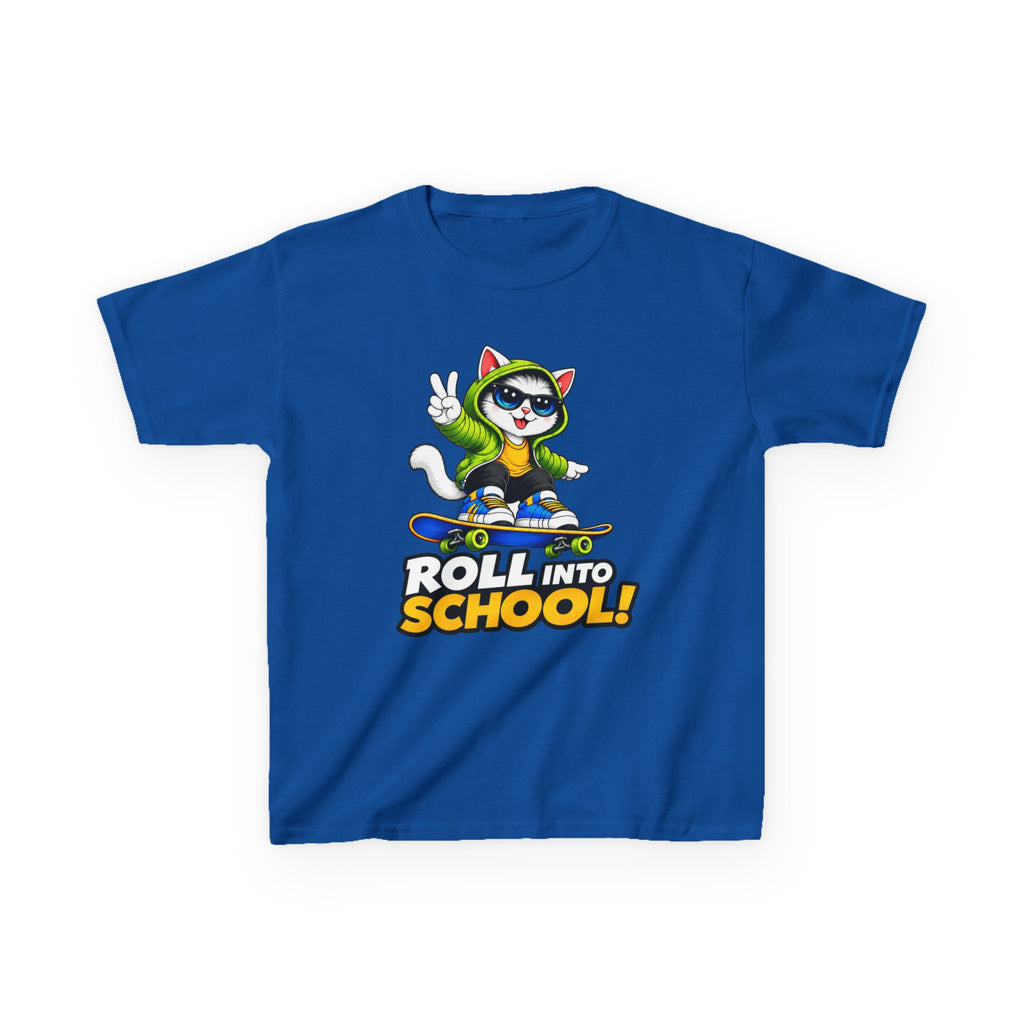 Kids Skateboarding Cat T-Shirt — 'Roll Into School' Back-to-School Graphic Tee