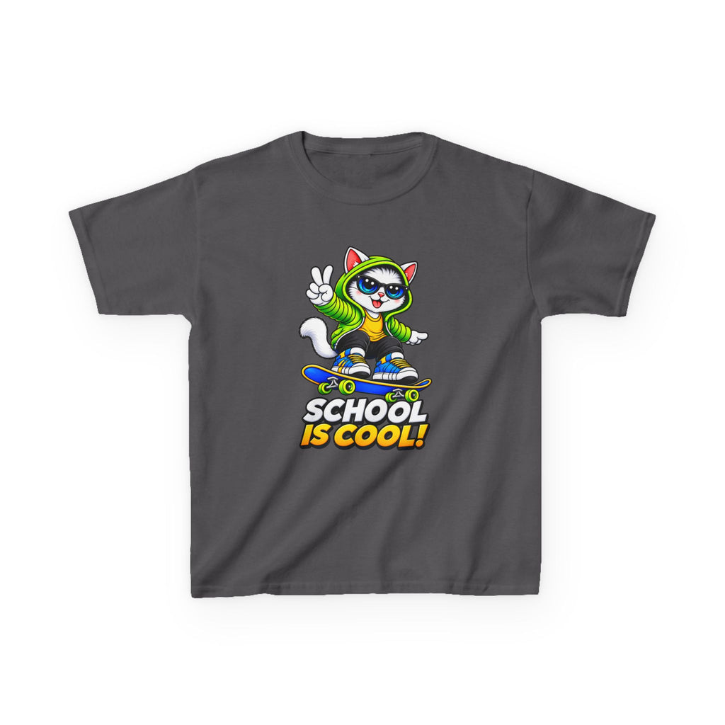 Kids School T-Shirt — 'School Is Cool' Skateboard Cat Graphic Tee