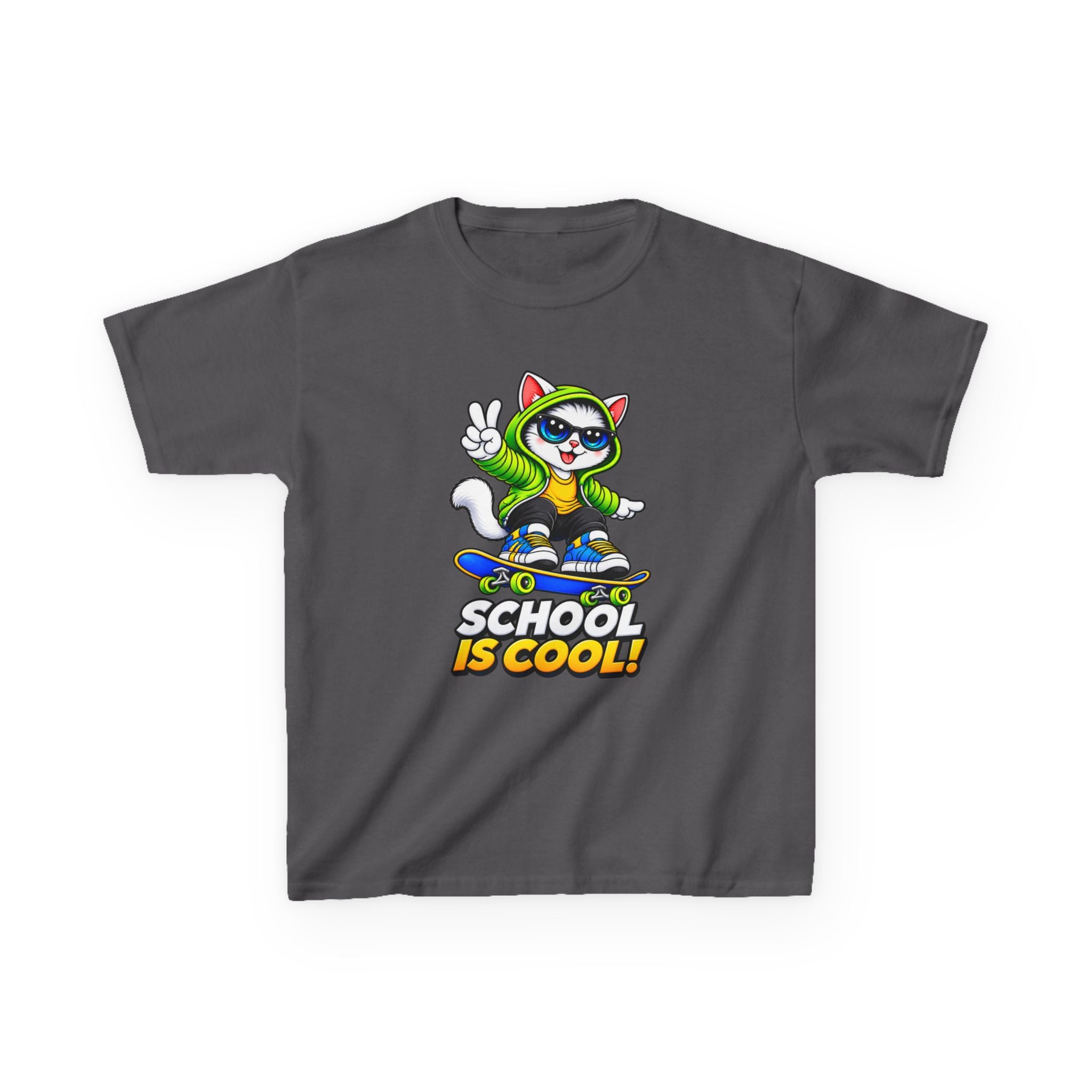 Kids School T-Shirt — 'School Is Cool' Skateboard Cat Graphic Tee