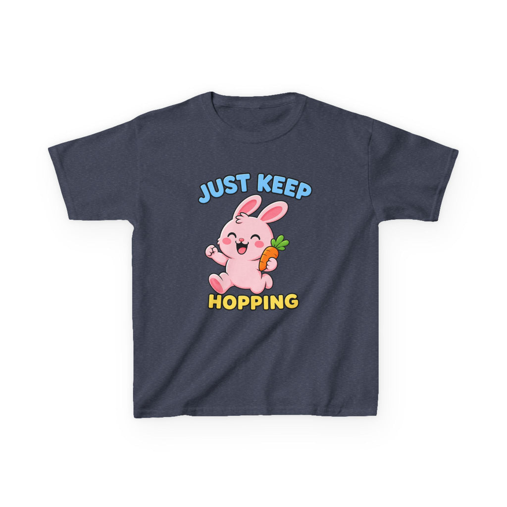 Kids Tee — “Just Keep Hopping” Cute Bunny Carrot Graphic