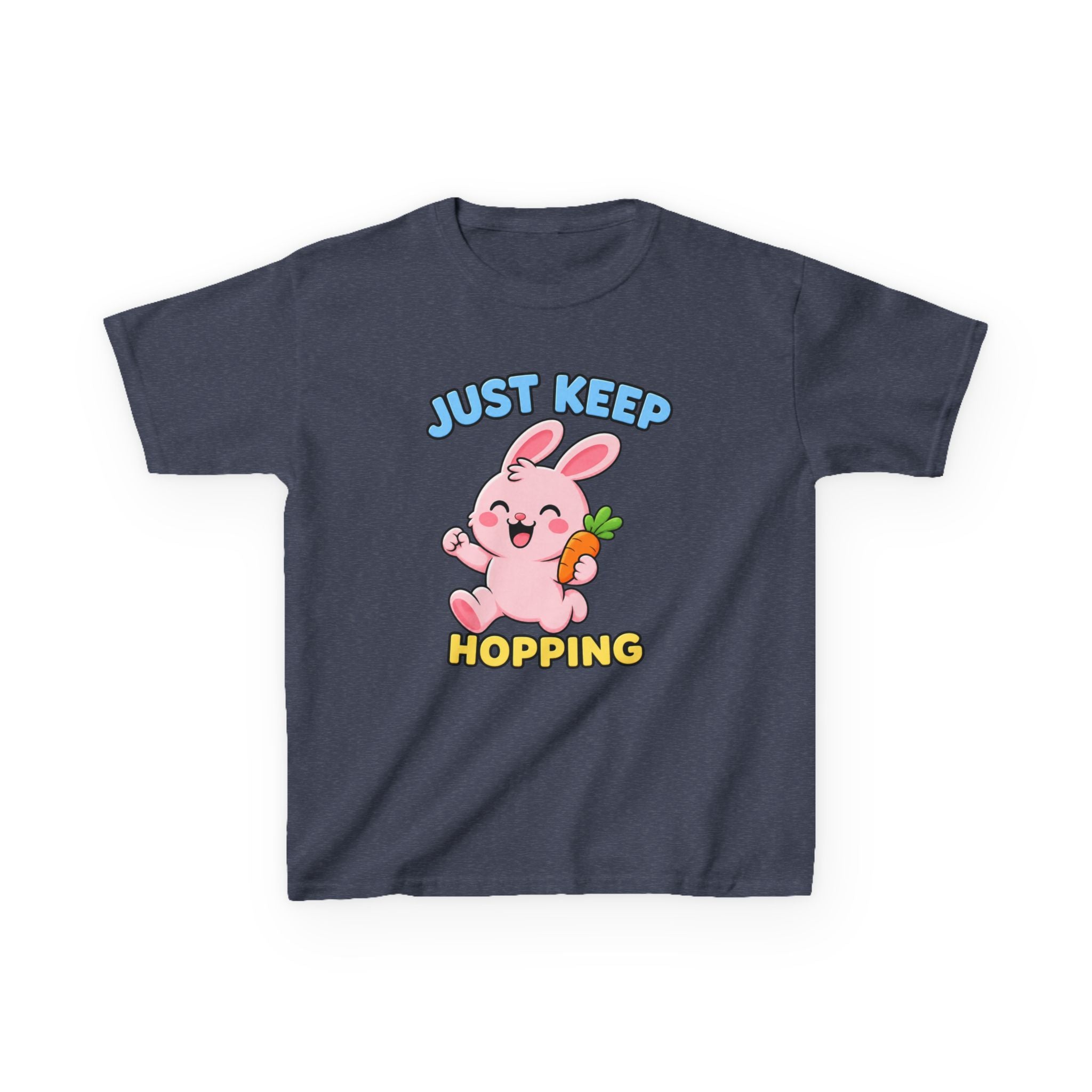 Kids Tee — “Just Keep Hopping” Cute Bunny Carrot Graphic