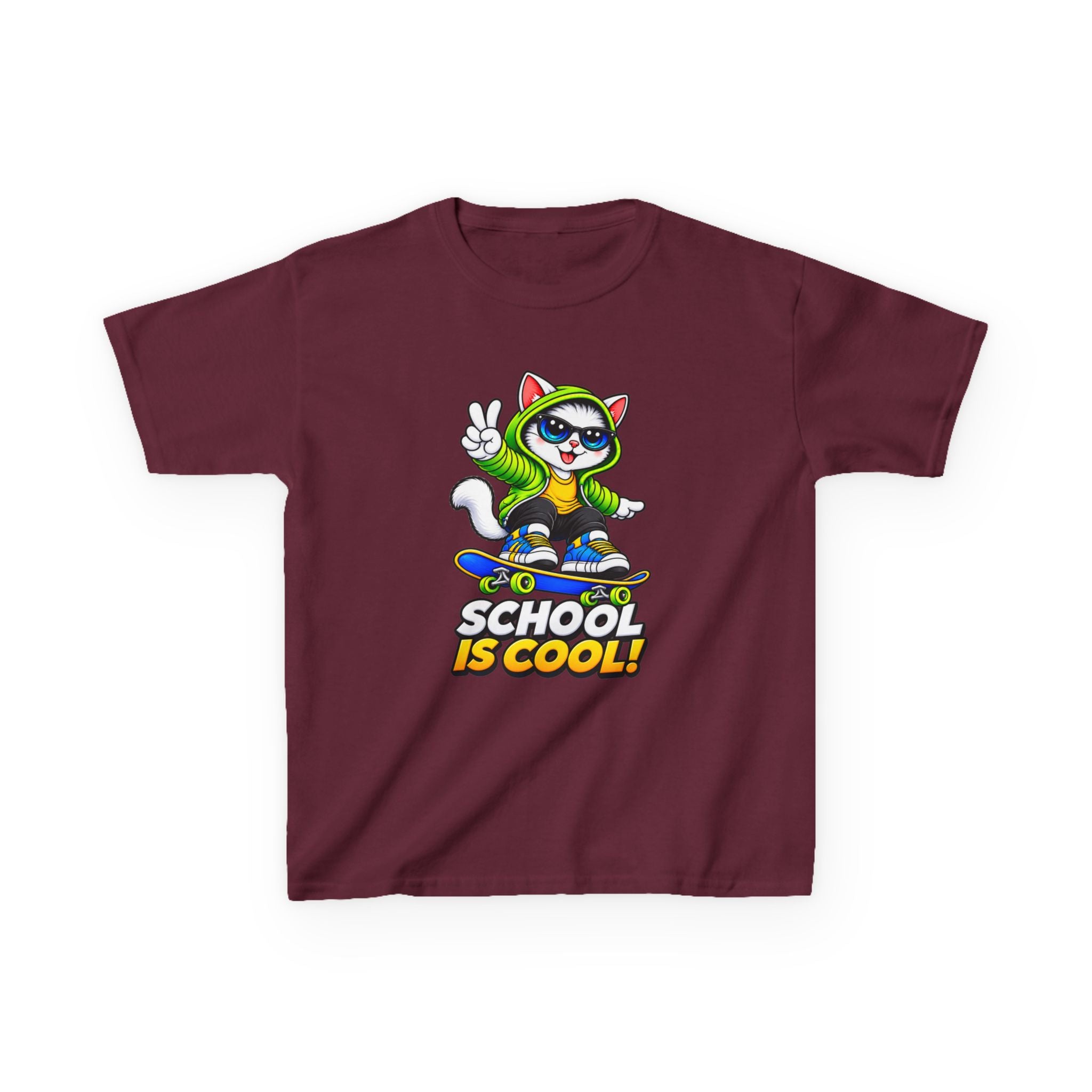 Kids School T-Shirt — 'School Is Cool' Skateboard Cat Graphic Tee