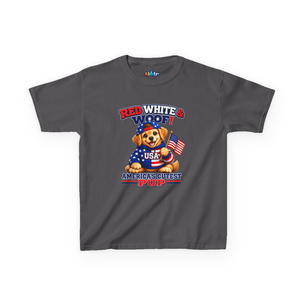 Kidxtr™ Kids Patriotic T-Shirt — 'Red White & Woof!' USA Dog Graphic Tee