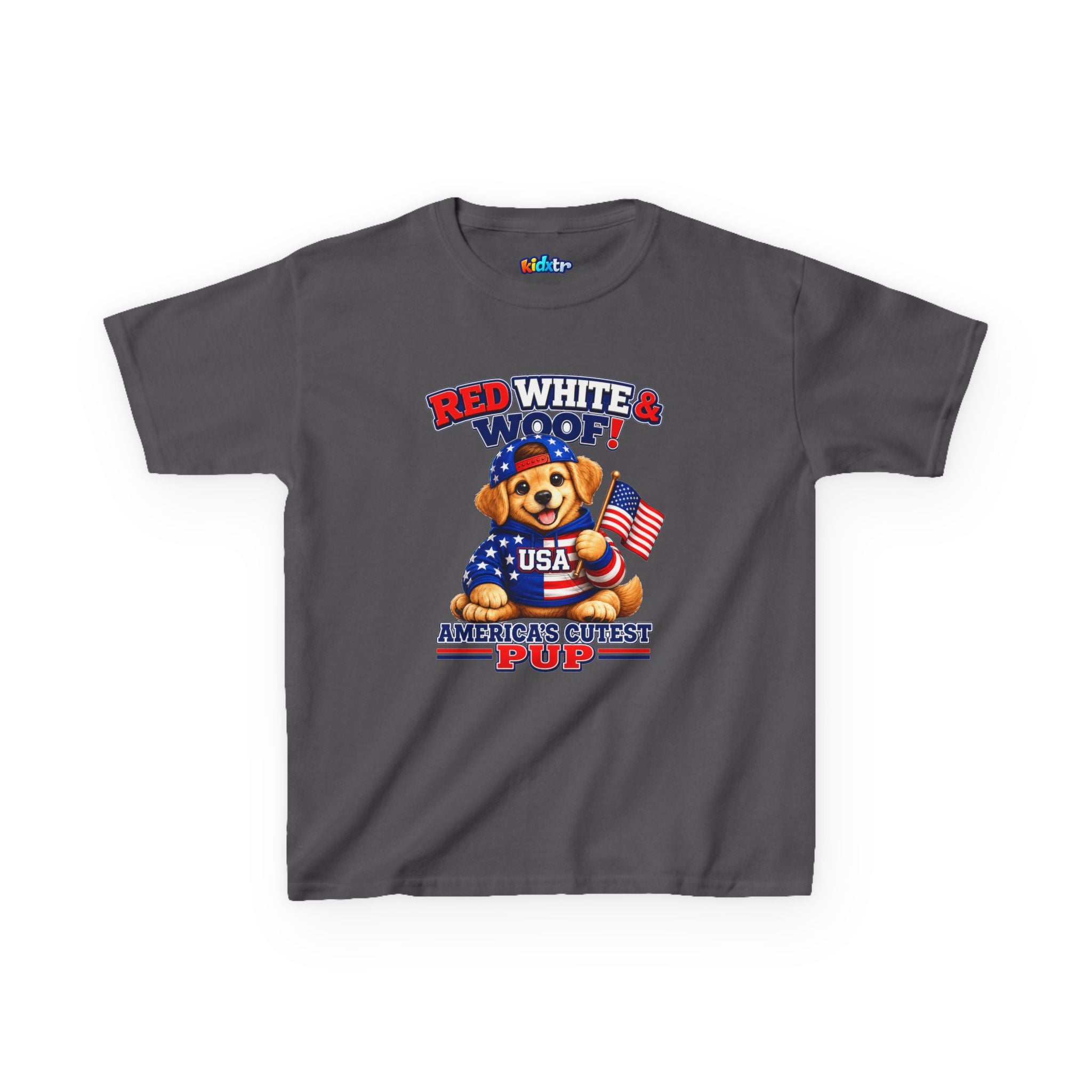 Kidxtr™ Kids Patriotic T-Shirt — 'Red White & Woof!' USA Dog Graphic Tee