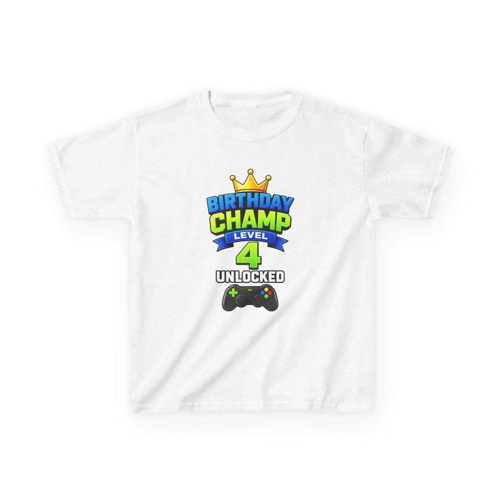 Kids Birthday T-Shirt — 'Birthday Champ' Level 4 Unlocked Gamer Graphic Tee