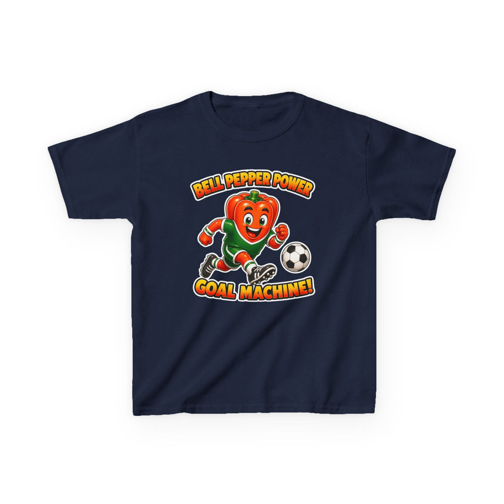Kids Soccer T-Shirt — 'Bell Pepper Power' Goal Machine Cute Veggie Mascot Graphic Tee