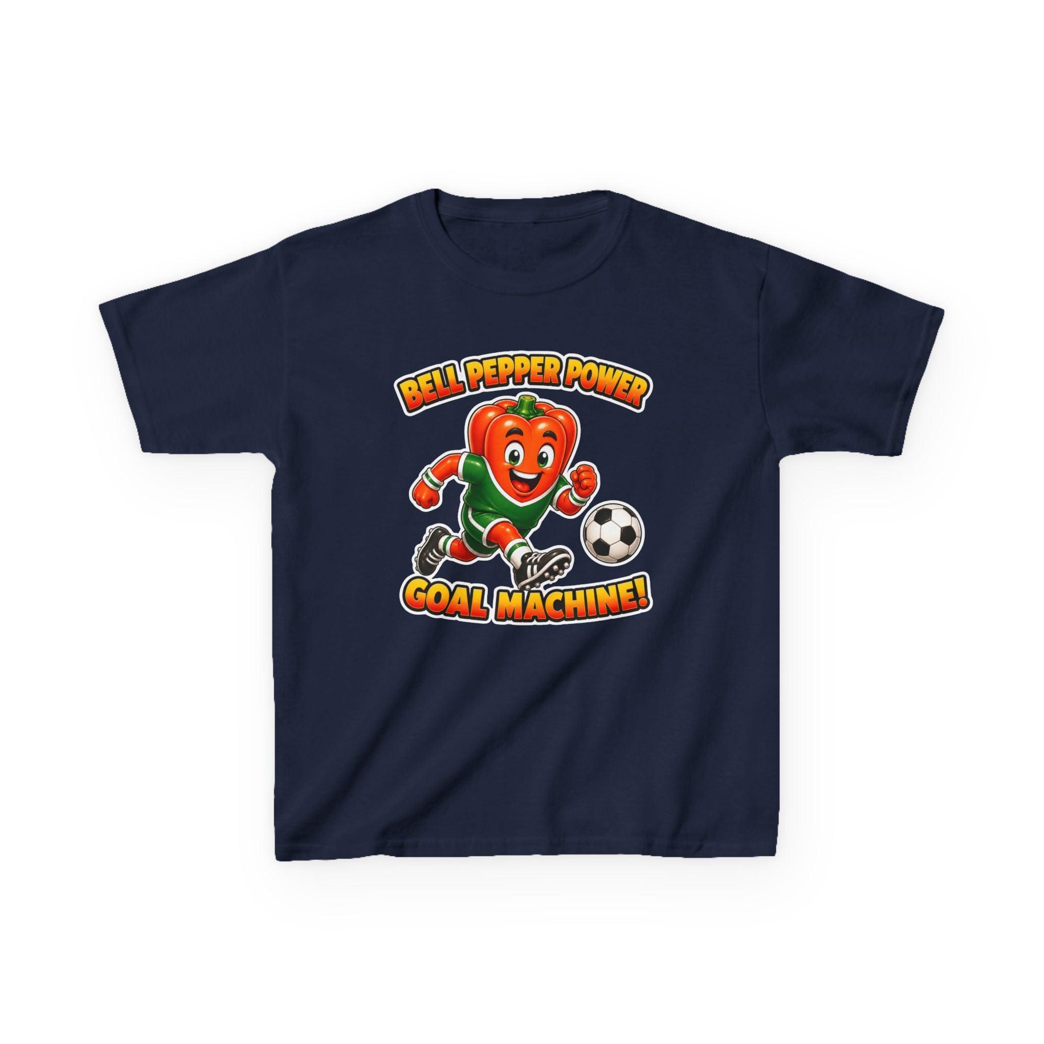 Kids Soccer T-Shirt — 'Bell Pepper Power' Goal Machine Cute Veggie Mascot Graphic Tee
