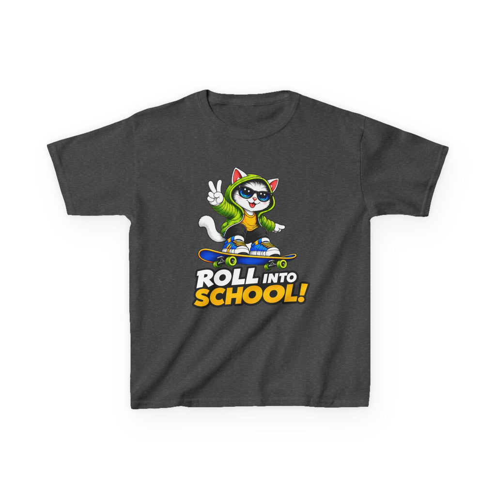 Kids Skateboarding Cat T-Shirt — 'Roll Into School' Back-to-School Graphic Tee