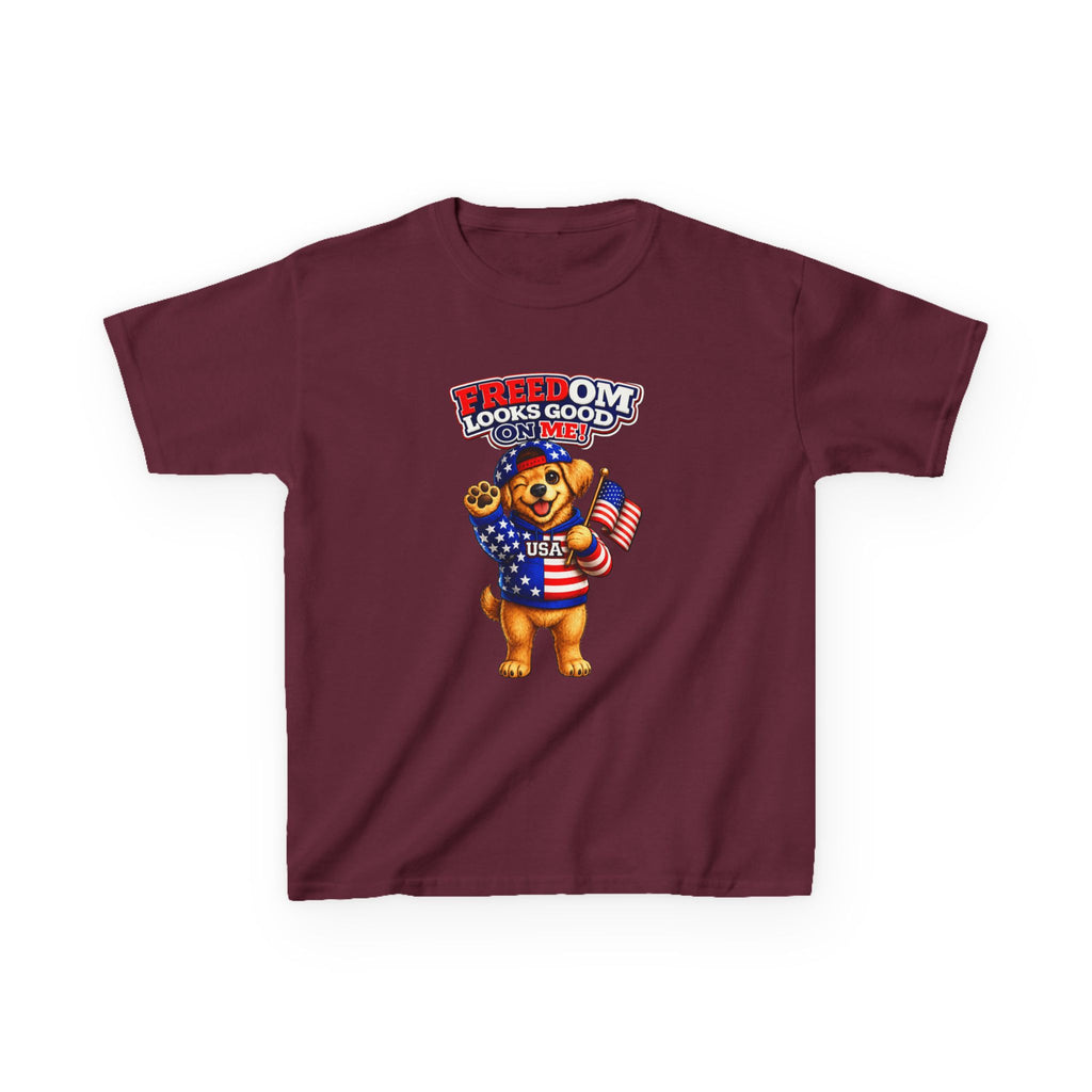 Kids Patriotic T-Shirt — 'Freedom Looks Good on Me' USA Dog Graphic Tee
