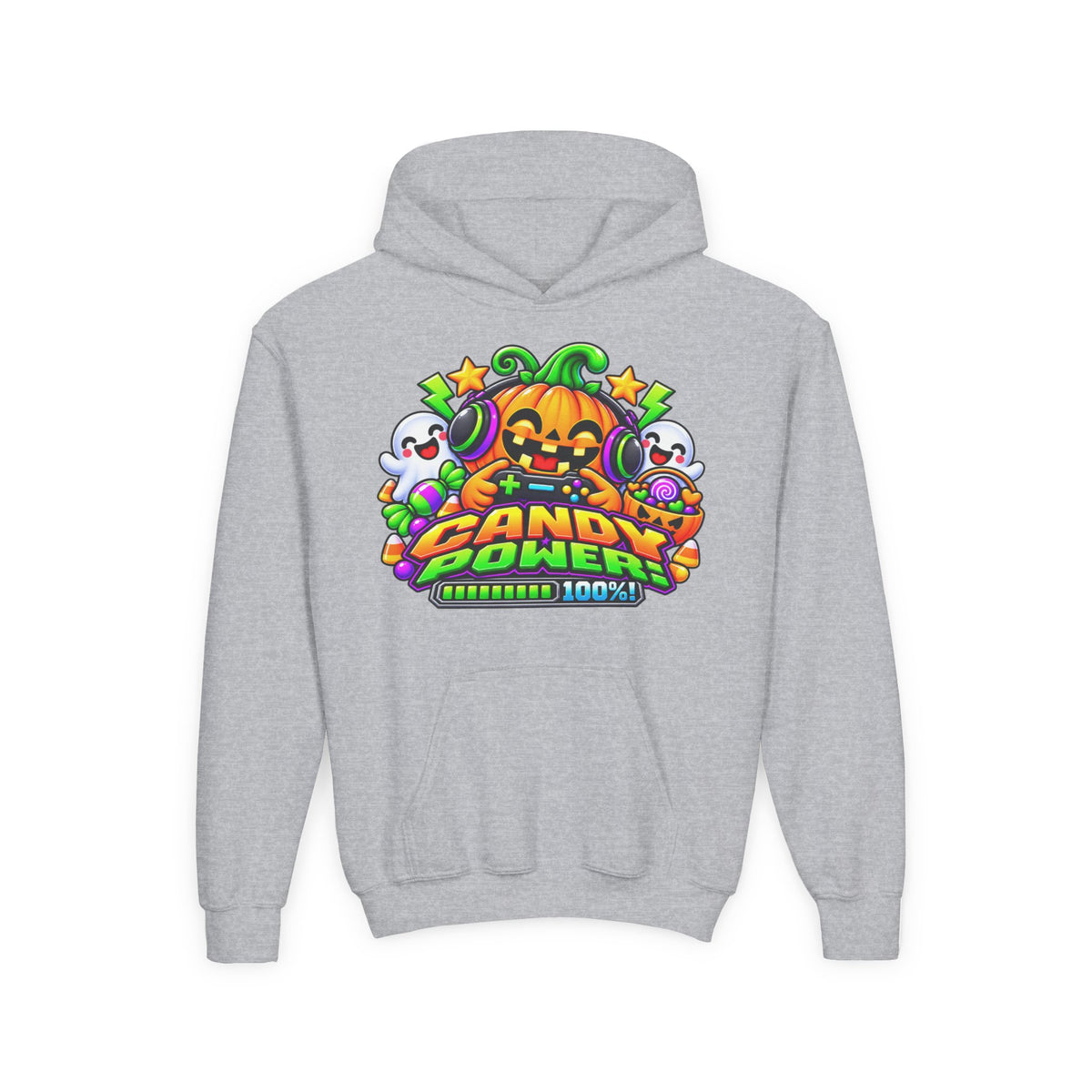Kidxtr™ Kids Halloween Hoodie — 'Candy Power 100%' Gamer Pumpkin Graphic Hoodie