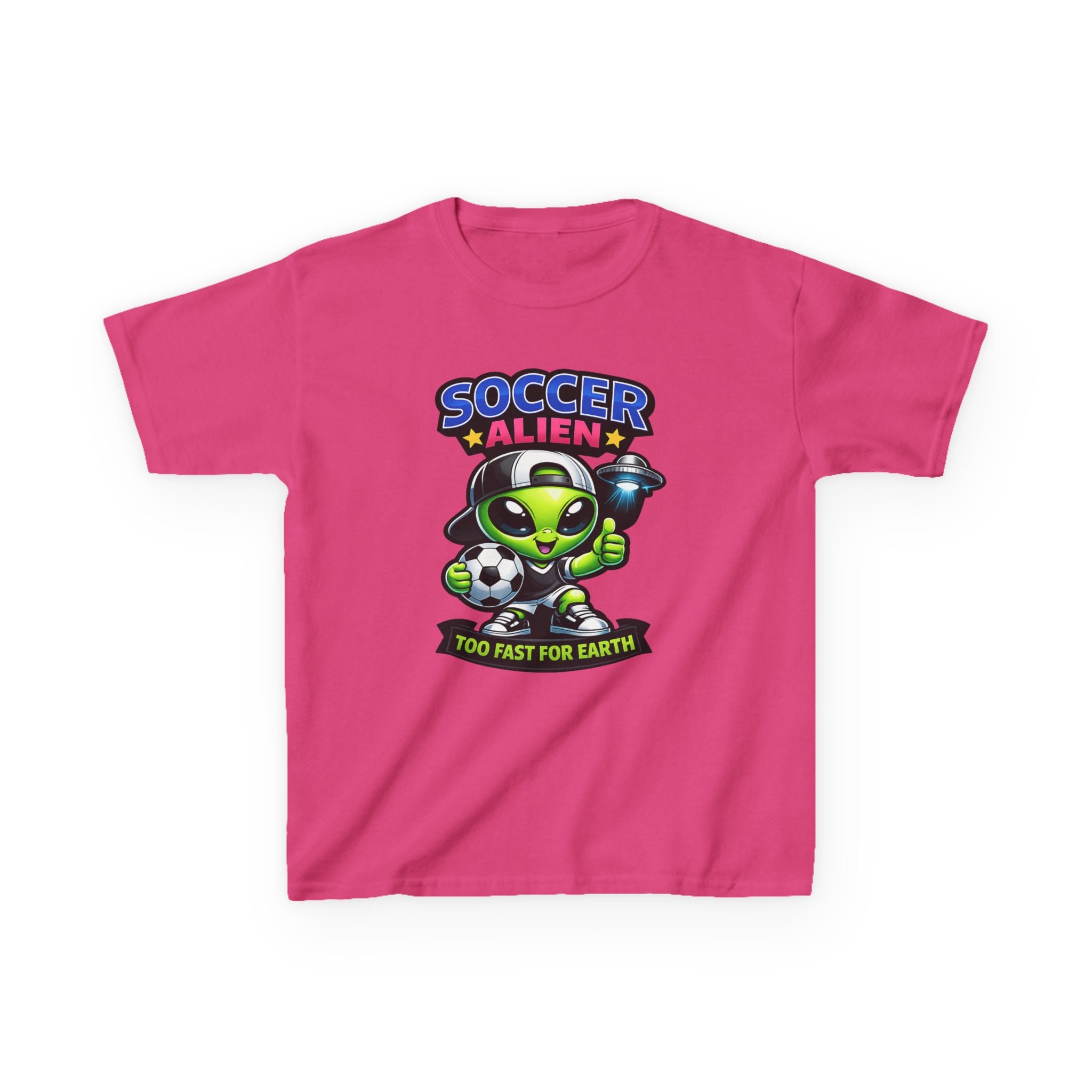 Kids Soccer T-Shirt — 'Too Fast for Earth' Cute Green Alien Soccer Graphic Tee