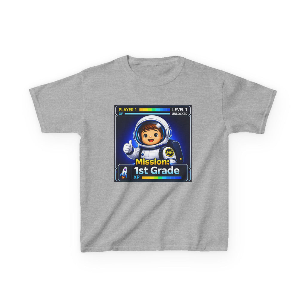Kids Gaming T-Shirt — 'Mission: 1st Grade' Level Up Astronaut Graphic Tee