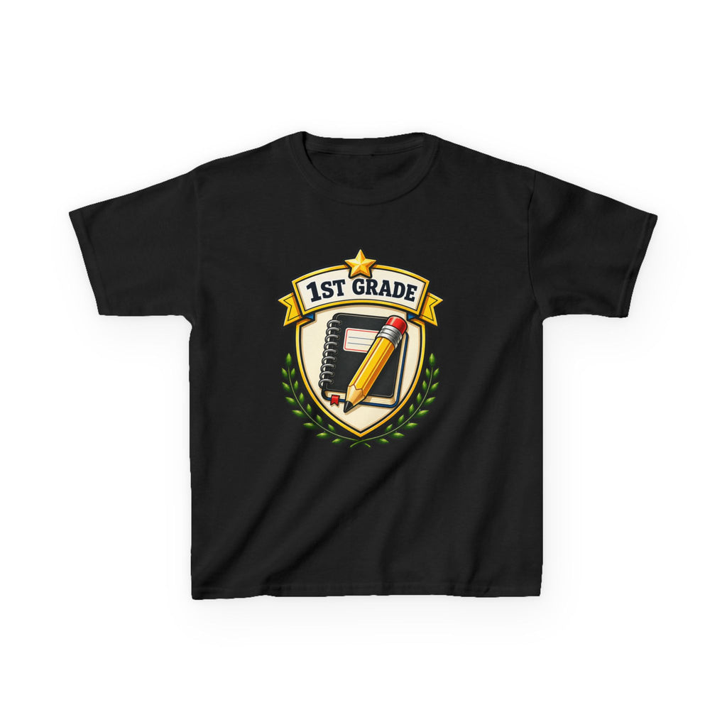 Kids 1st Grade T-Shirt — 'First Day Ready' Pencil & Notebook Badge Graphic Tee