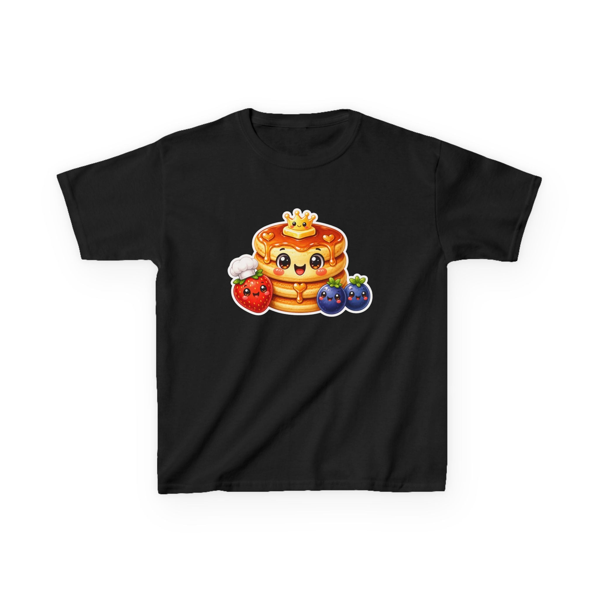 Kids Breakfast T-Shirt — 'Short Stack' Cute Pancake Stack with Smiling Berries Graphic Tee