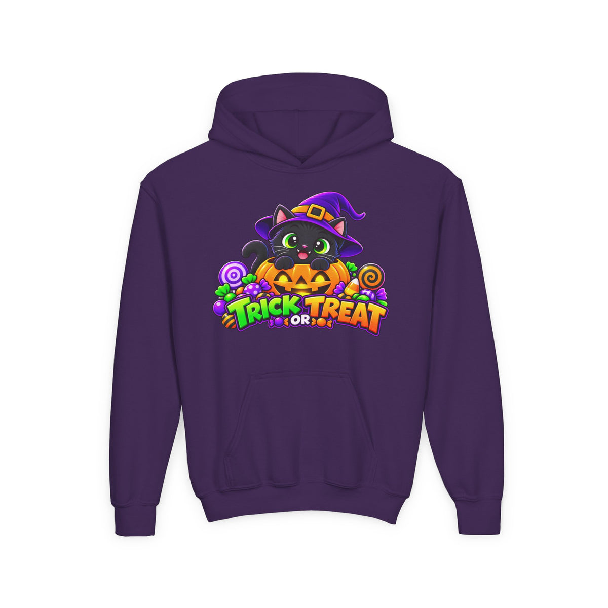 Kidxtr™ Kids Halloween Hoodie — 'Trick or Treat' Black Cat in Pumpkin Graphic Hoodie