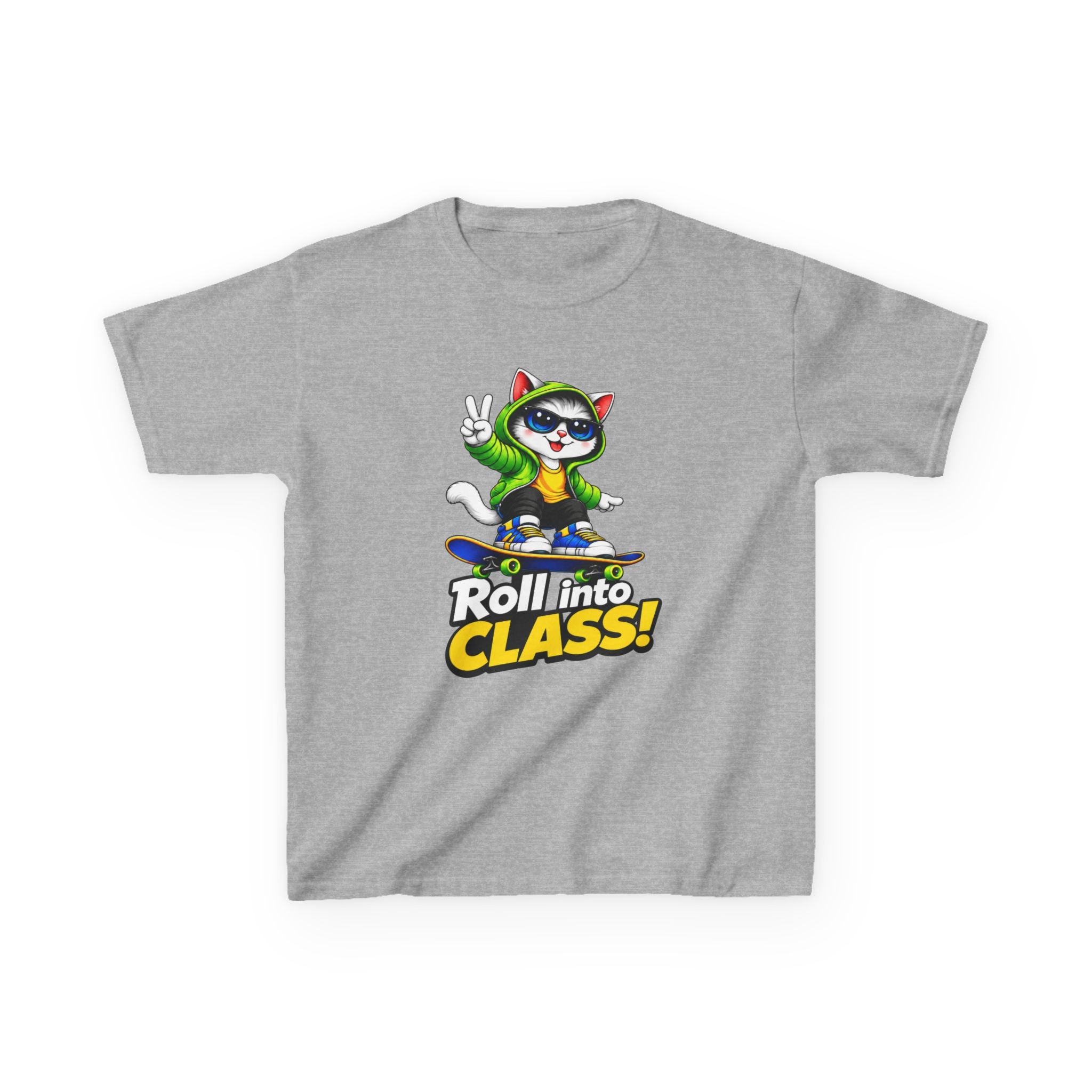 Kids Skateboarding Cat T-Shirt — 'Roll into Class!' Back-to-School Graphic Tee