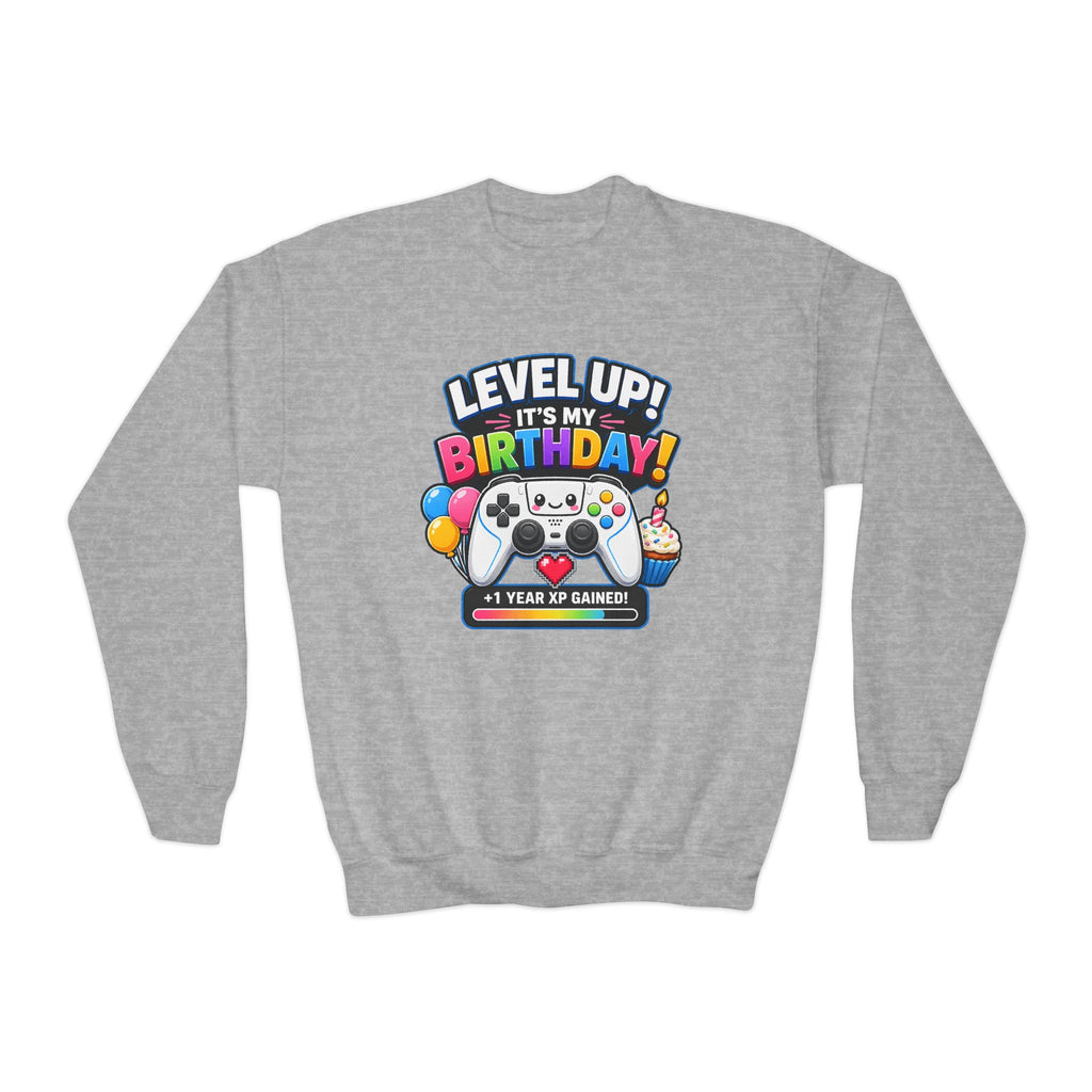 Kidxtr™ Kids Birthday Crewneck — 'Level Up, It’s My Birthday' Cartoon Graphic Sweatshirt