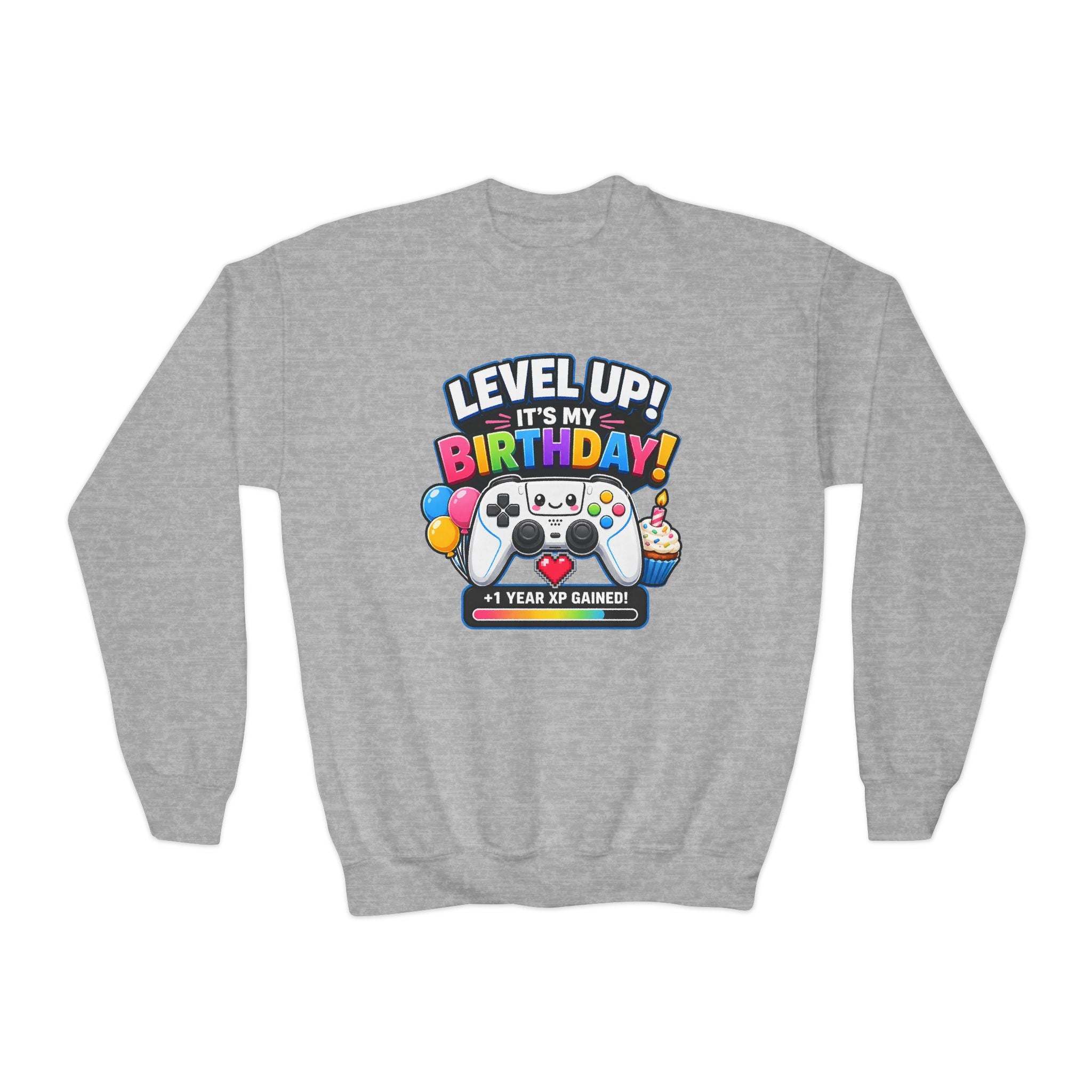 Kidxtr™ Kids Birthday Crewneck — 'Level Up, It’s My Birthday' Cartoon Graphic Sweatshirt