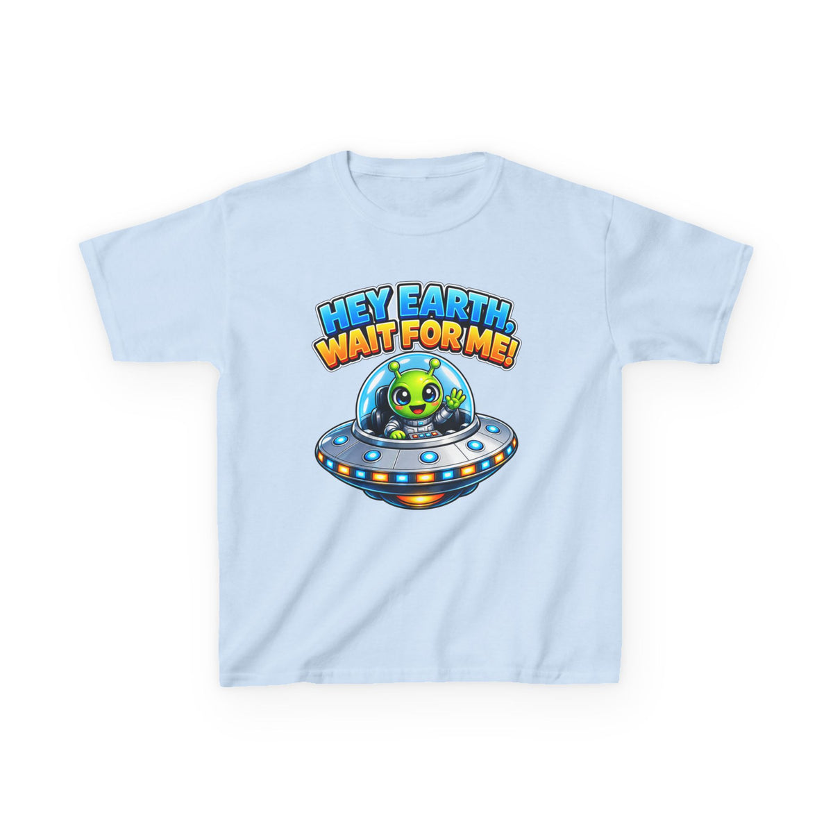 Kidxtr™ Kids Space T-Shirt — 'Hey Earth, Wait For Me!' Alien Spaceship Graphic Tee