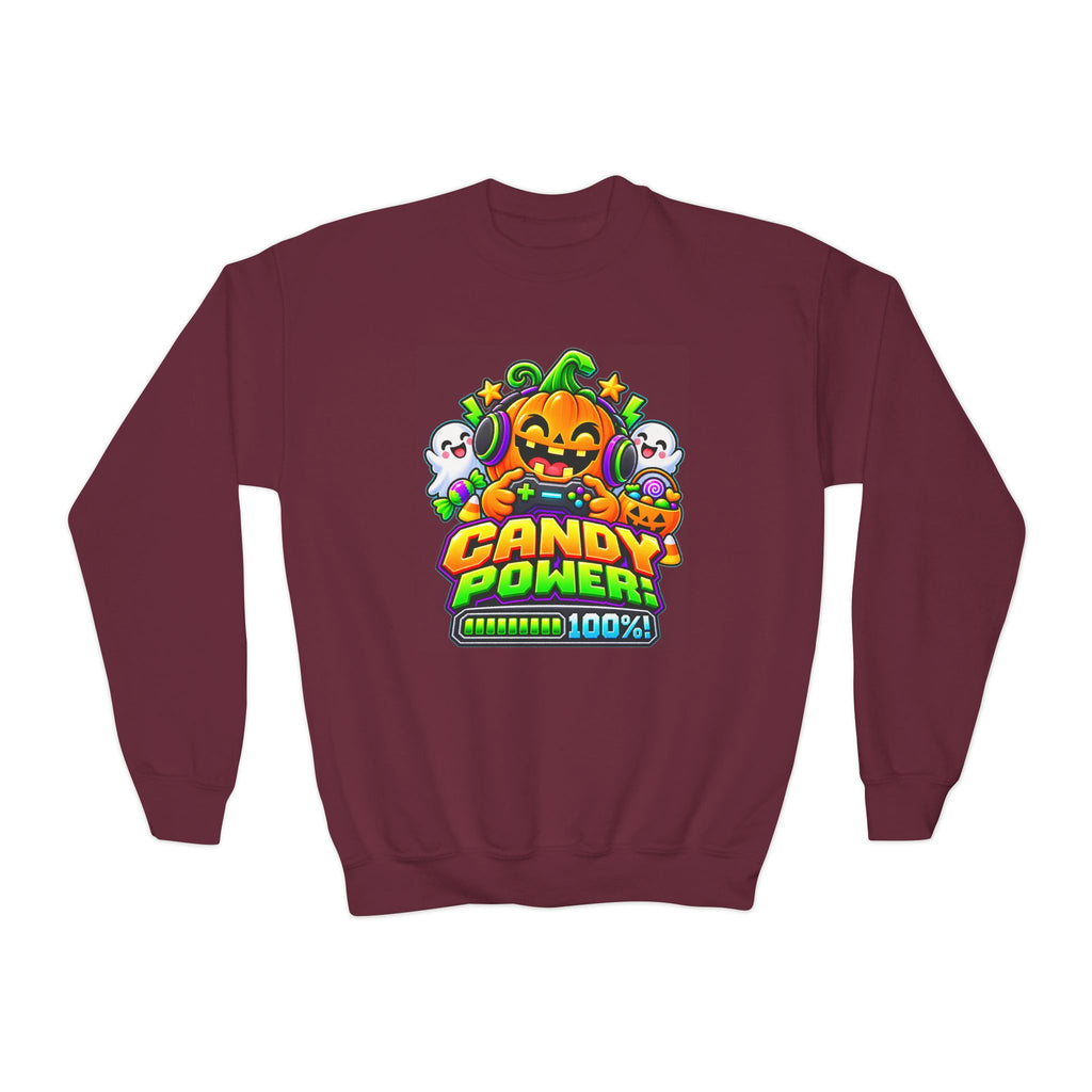 Kidxtr™ Kids Pumpkin Sweatshirt — 'Candy Power 100%' Gamer Halloween Graphic Crewneck