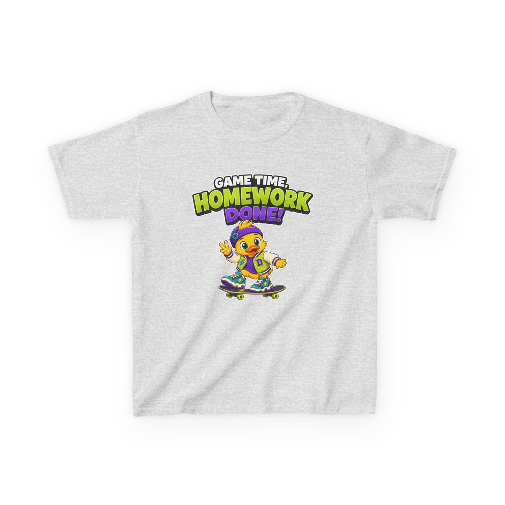 Kids Back-to-School T-Shirt — 'Game Time, Homework Done!' Skateboard Duck Graphic Tee