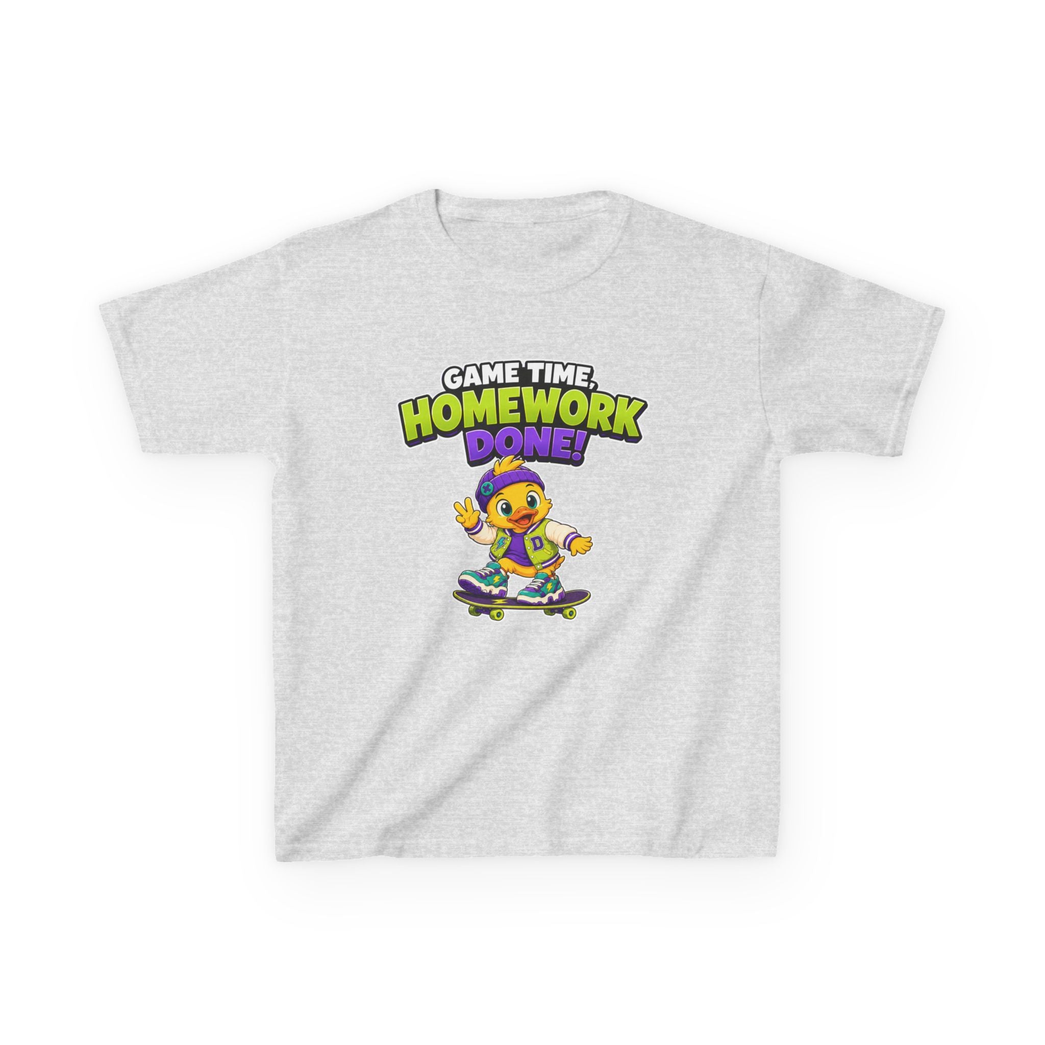 Kids Back-to-School T-Shirt — 'Game Time, Homework Done!' Skateboard Duck Graphic Tee