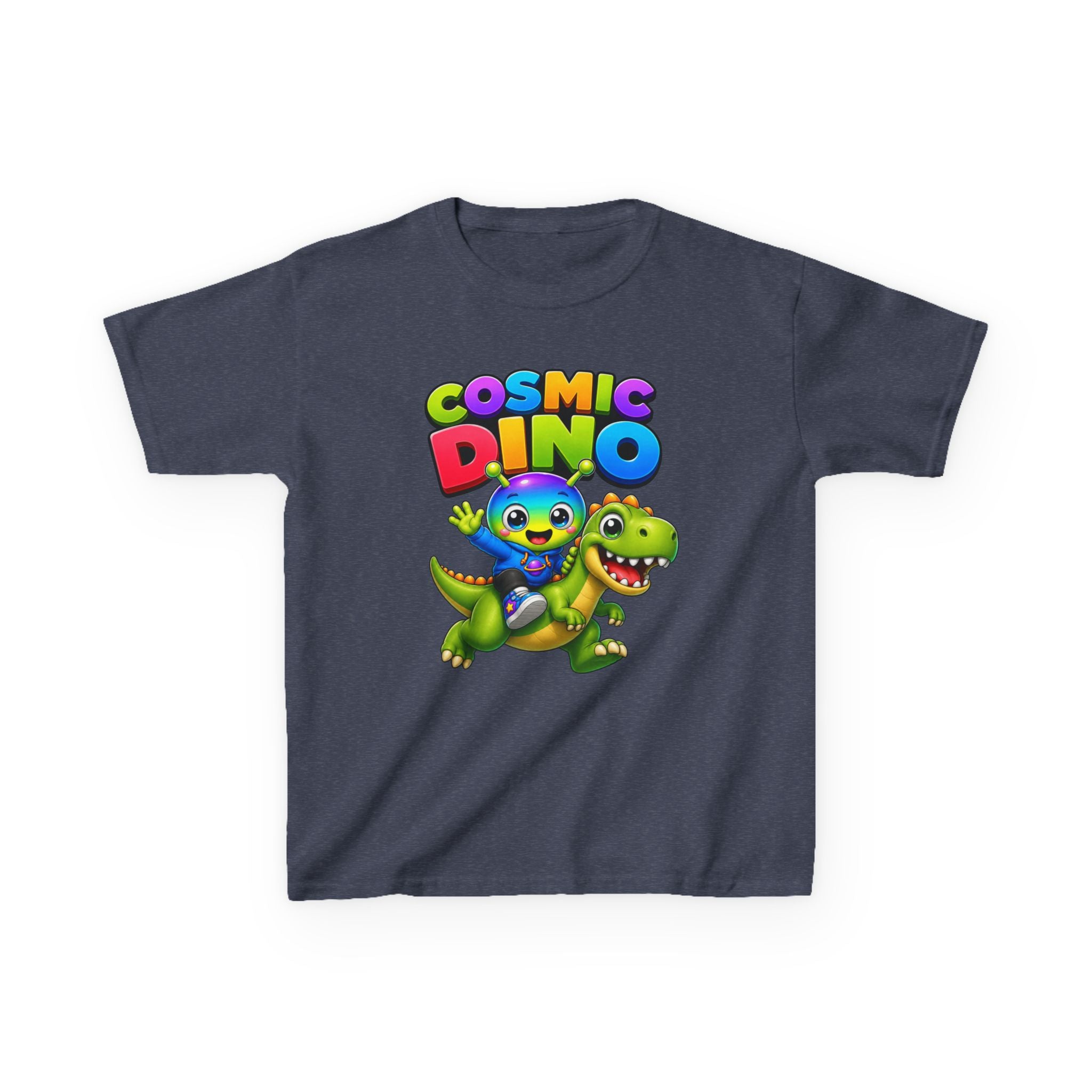 Kids Cosmic Dino T-Shirt — 'Cosmic Dino' Colorful Alien Riding Dinosaur Graphic Tee