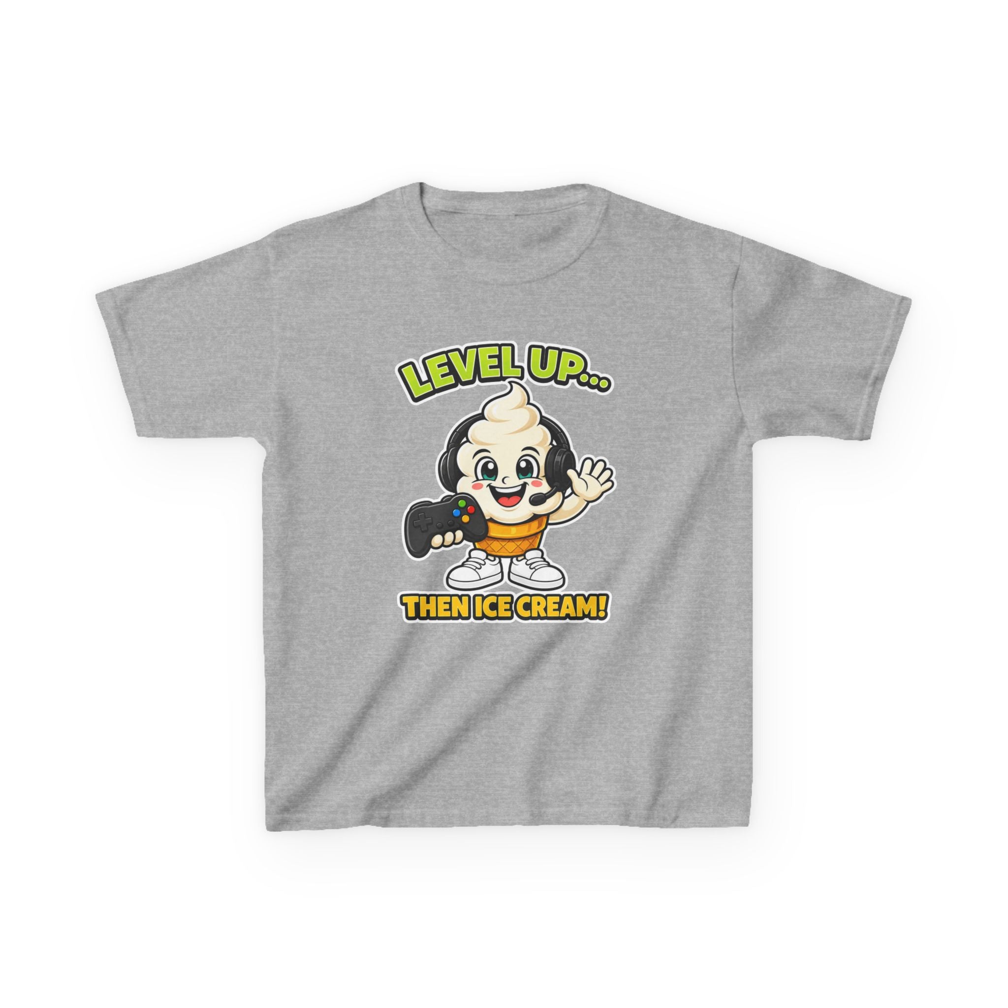 Kids Gamer T-Shirt — 'Level Up... Then Ice Cream!' Ice Cream Cartoon Graphic Tee