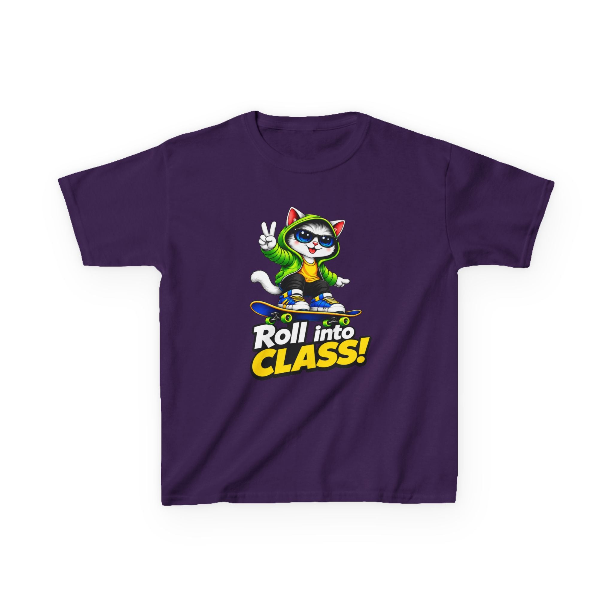 Kids Skateboarding Cat T-Shirt — 'Roll into Class!' Back-to-School Graphic Tee