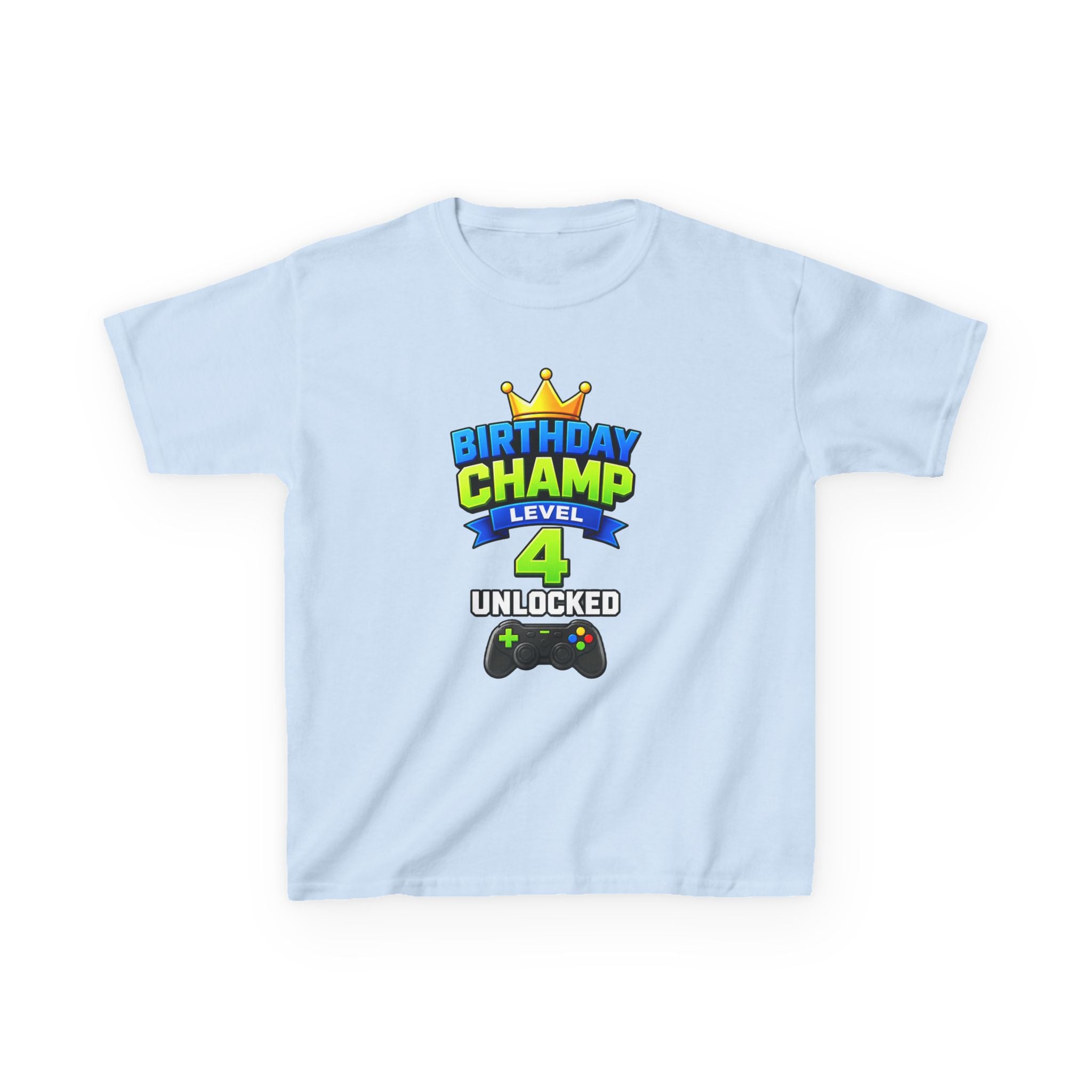 Kids Birthday T-Shirt — 'Birthday Champ' Level 4 Unlocked Gamer Graphic Tee