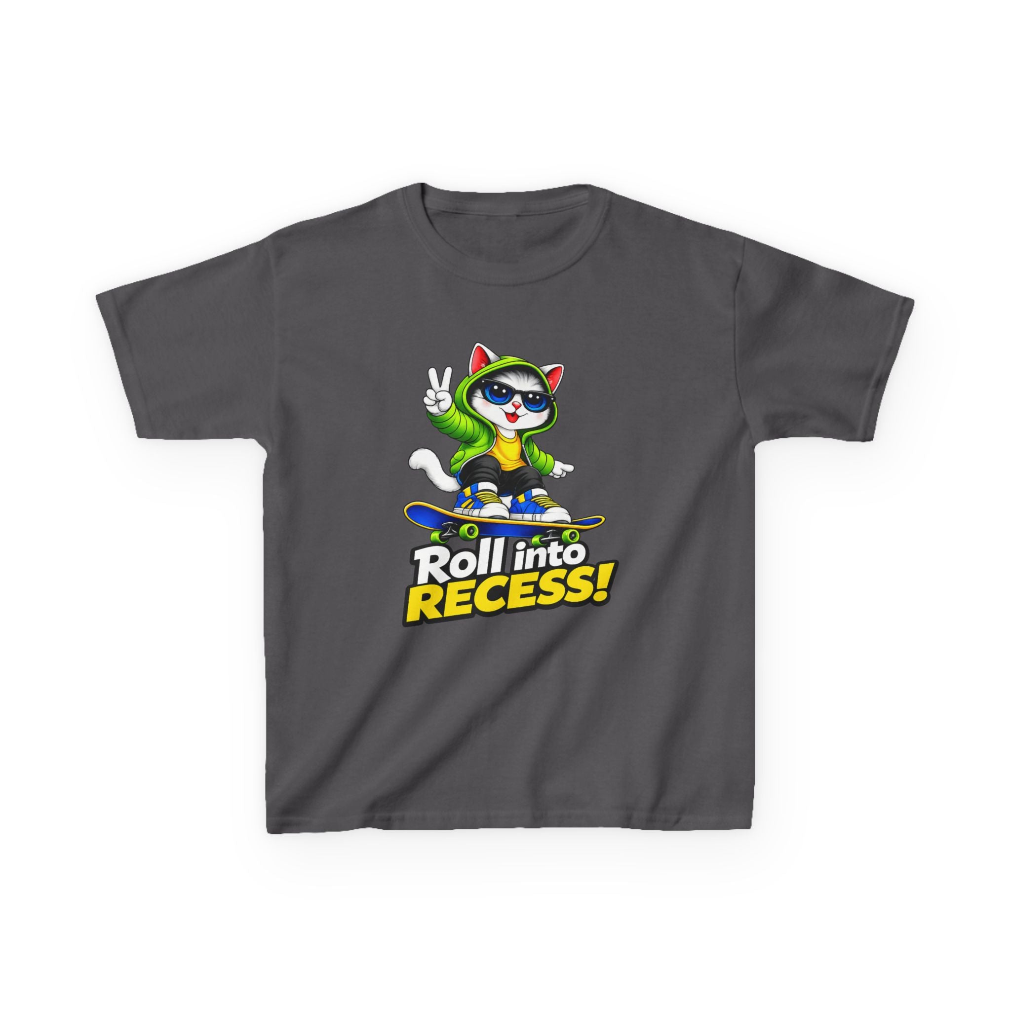 Kids Skateboarding Cat T-Shirt — 'Roll into Recess!' Graphic Tee