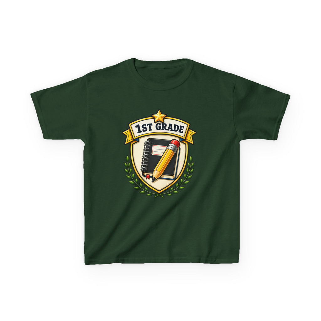 Kids 1st Grade T-Shirt — 'First Day Ready' Pencil & Notebook Badge Graphic Tee