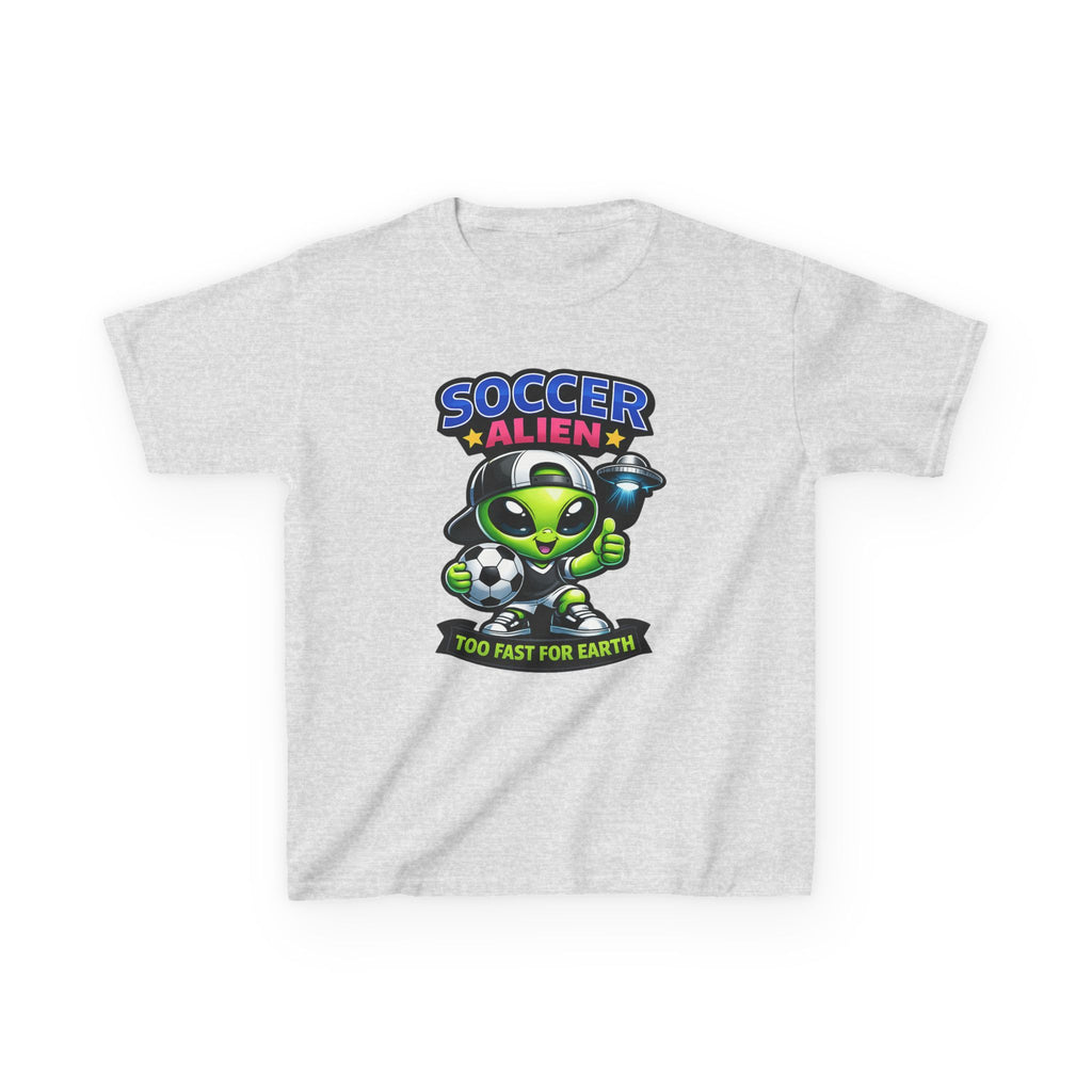 Kids Soccer T-Shirt — 'Too Fast for Earth' Cute Green Alien Soccer Graphic Tee