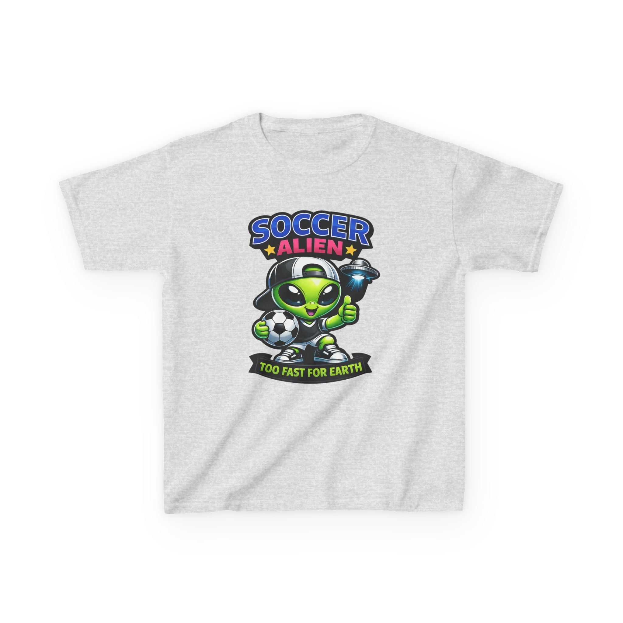 Kids Soccer T-Shirt — 'Too Fast for Earth' Cute Green Alien Soccer Graphic Tee