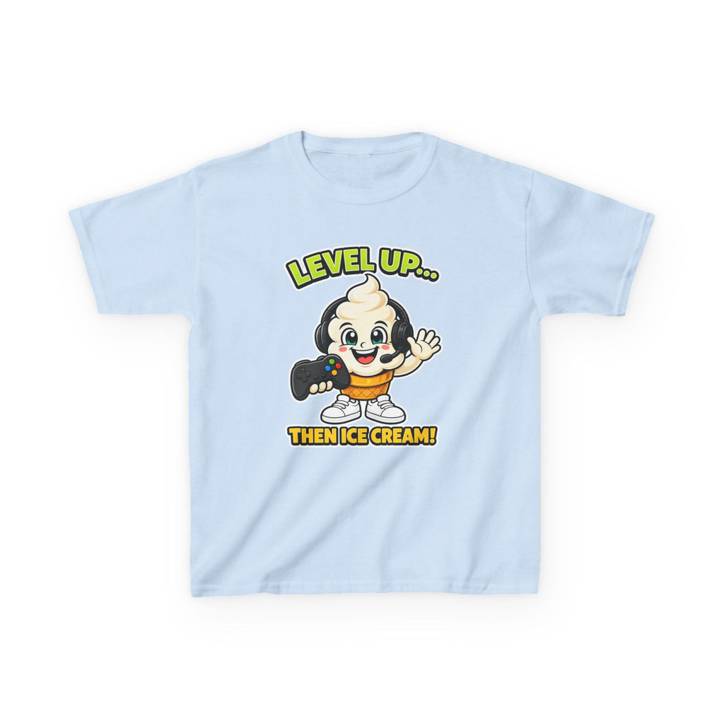 Kids Gamer T-Shirt — 'Level Up... Then Ice Cream!' Ice Cream Cartoon Graphic Tee