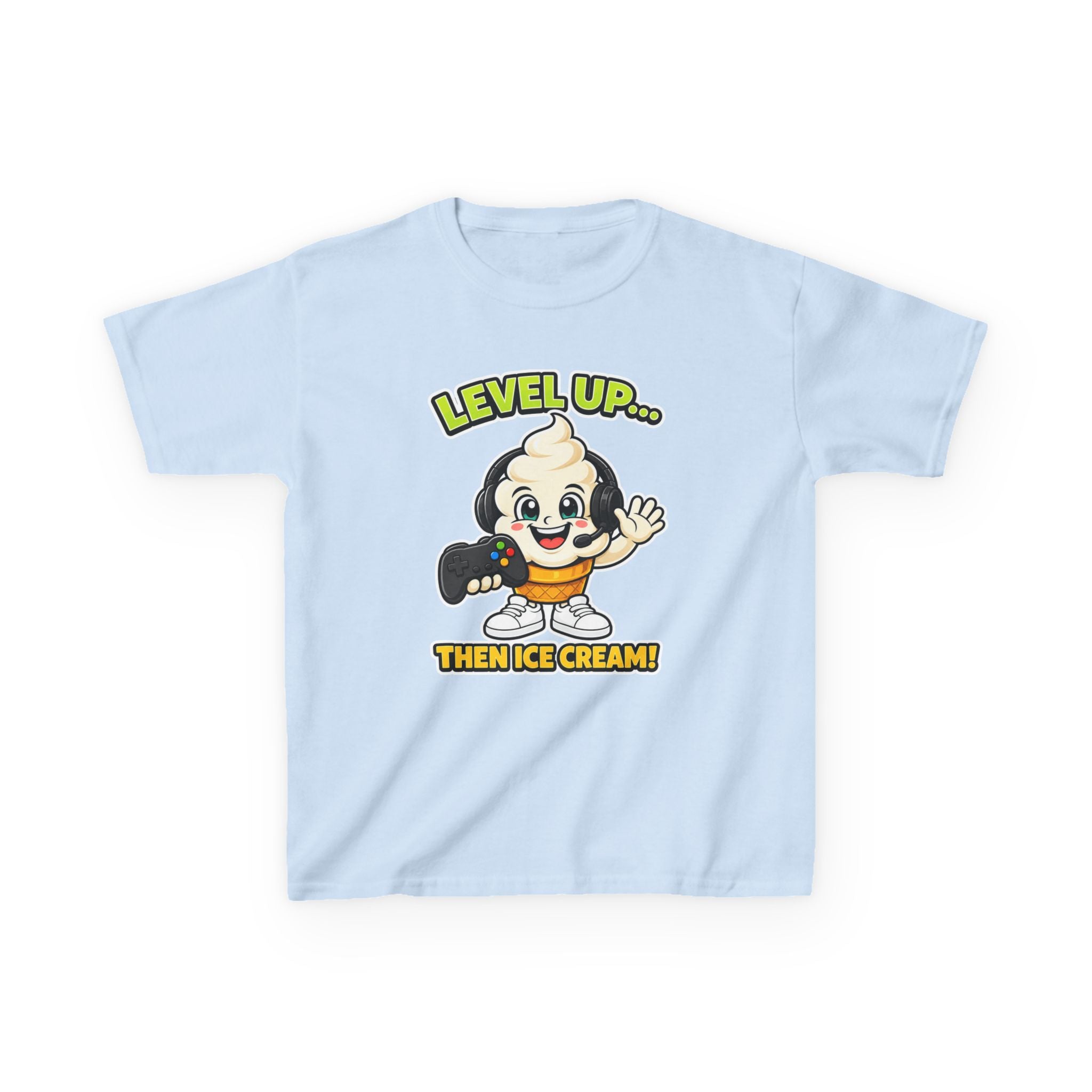 Kids Gamer T-Shirt — 'Level Up... Then Ice Cream!' Ice Cream Cartoon Graphic Tee