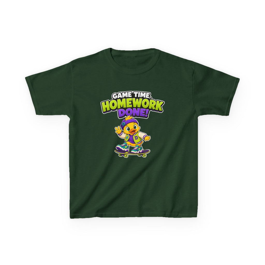 Kids Back-to-School T-Shirt — 'Game Time, Homework Done!' Skateboard Duck Graphic Tee